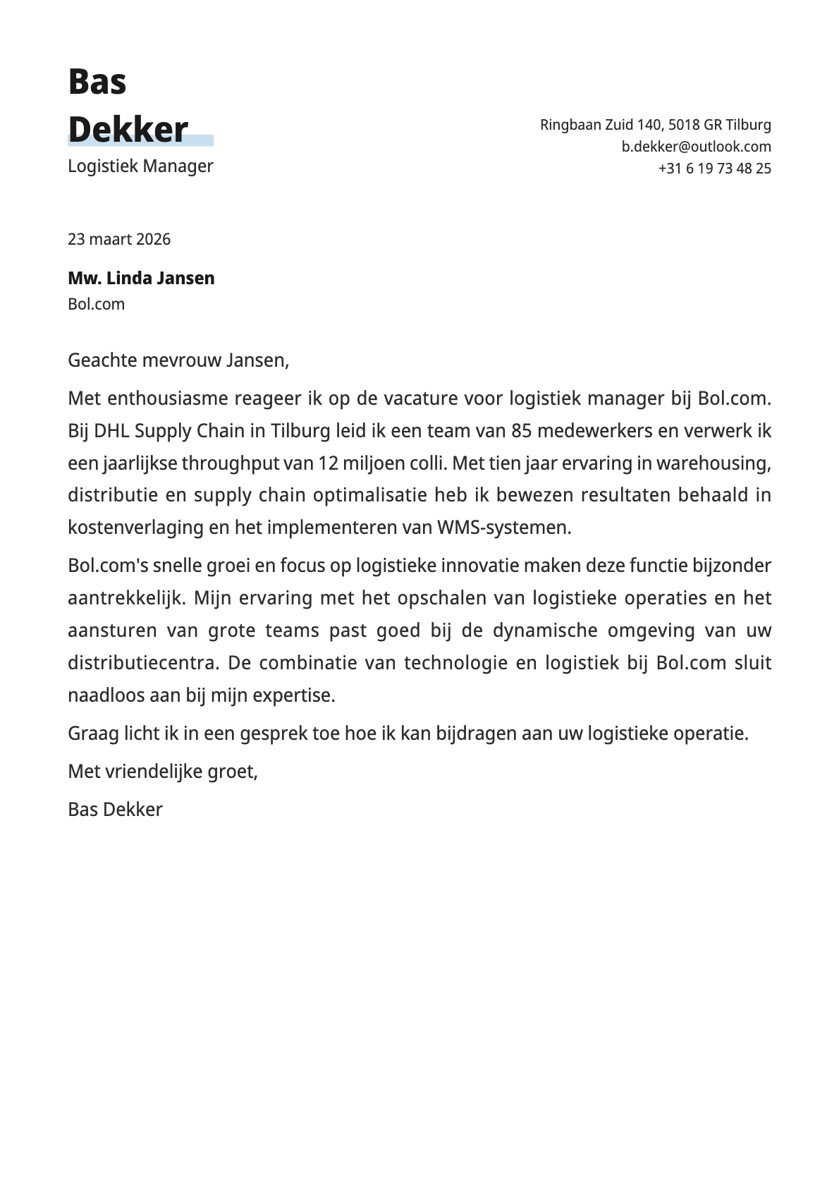 Logistiek Manager cover letter example