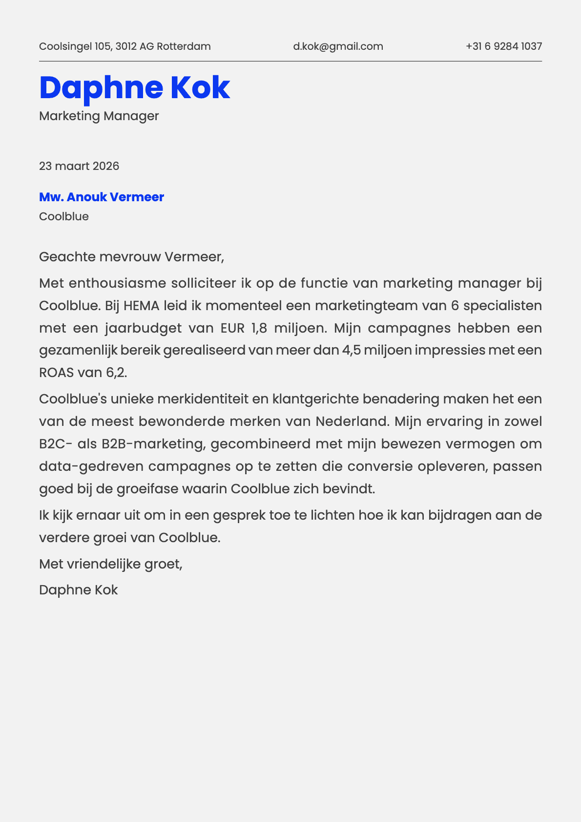 Marketing Manager cover letter example