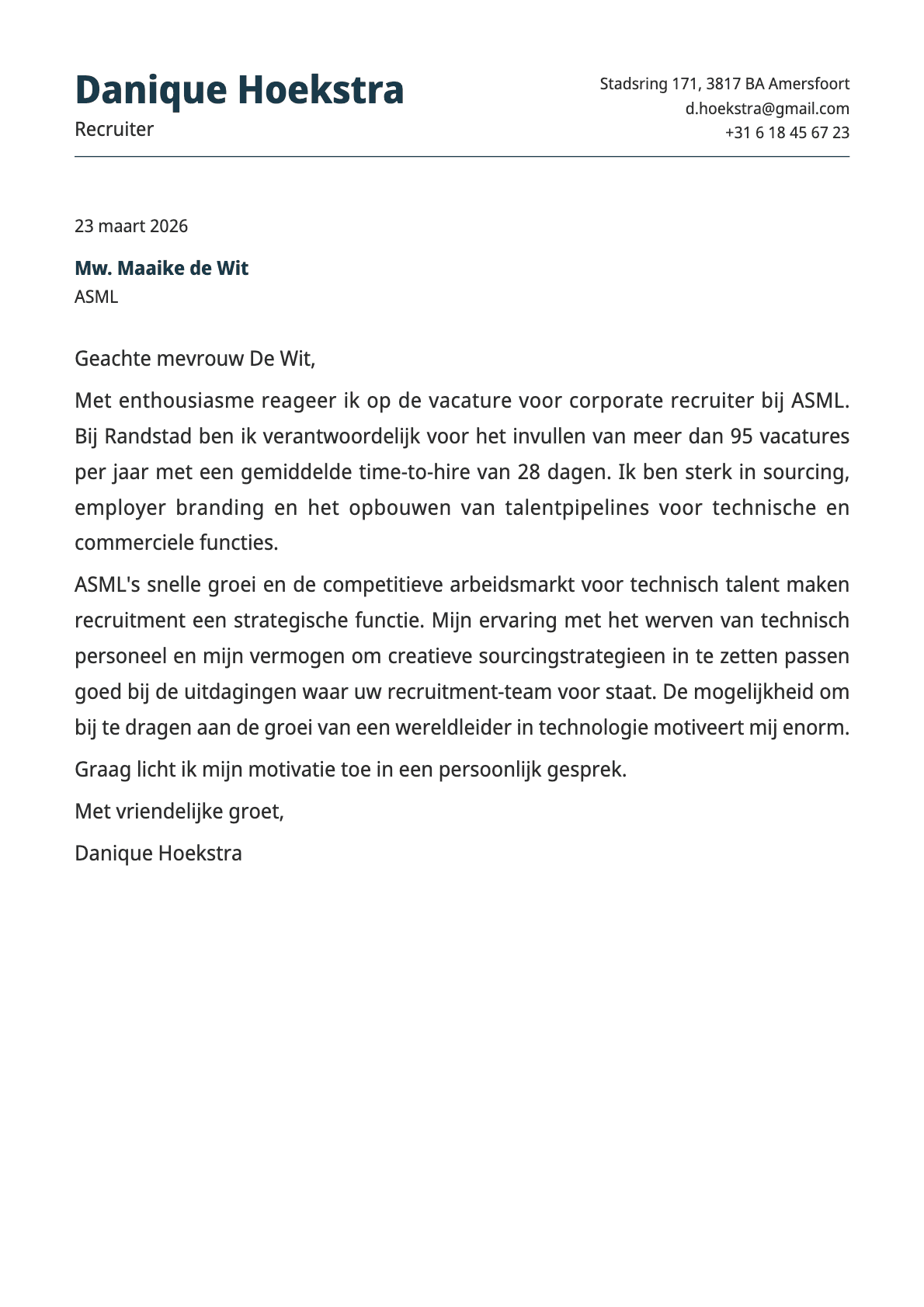 Recruiter cover letter example