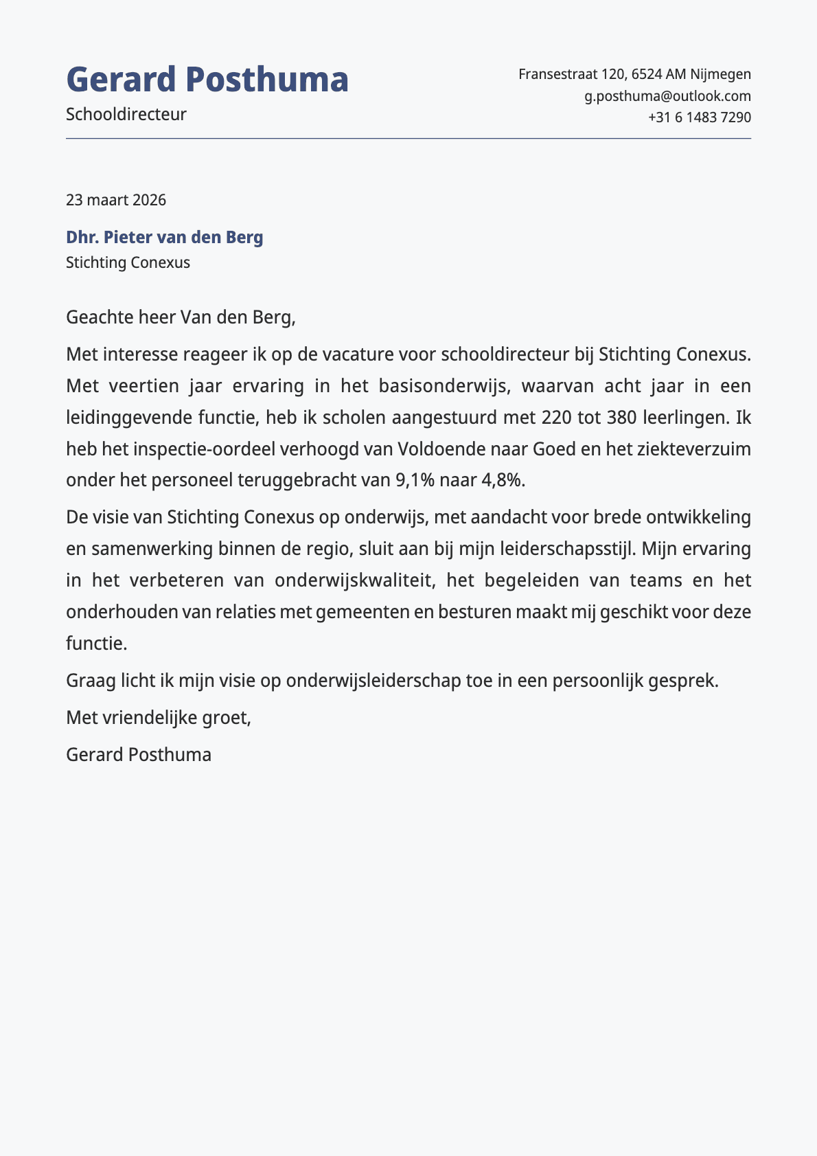 Schooldirecteur cover letter example