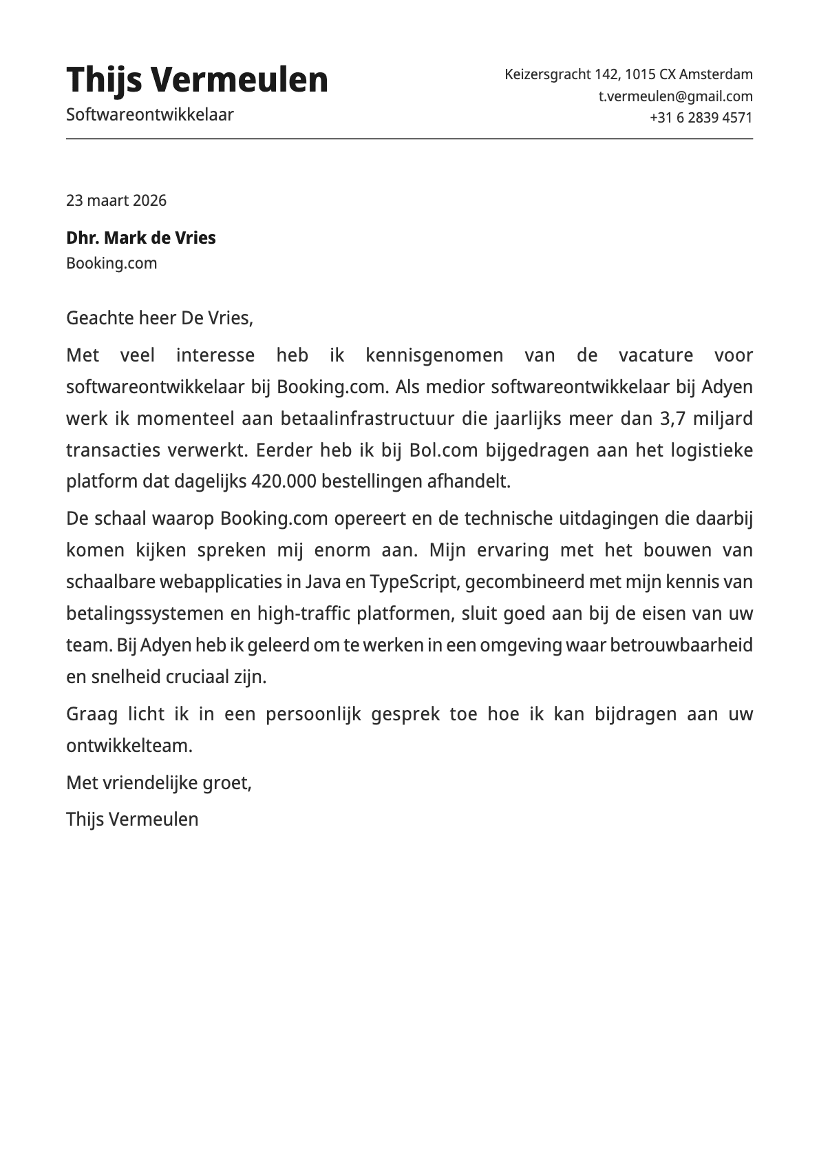 Softwareontwikkelaar cover letter example