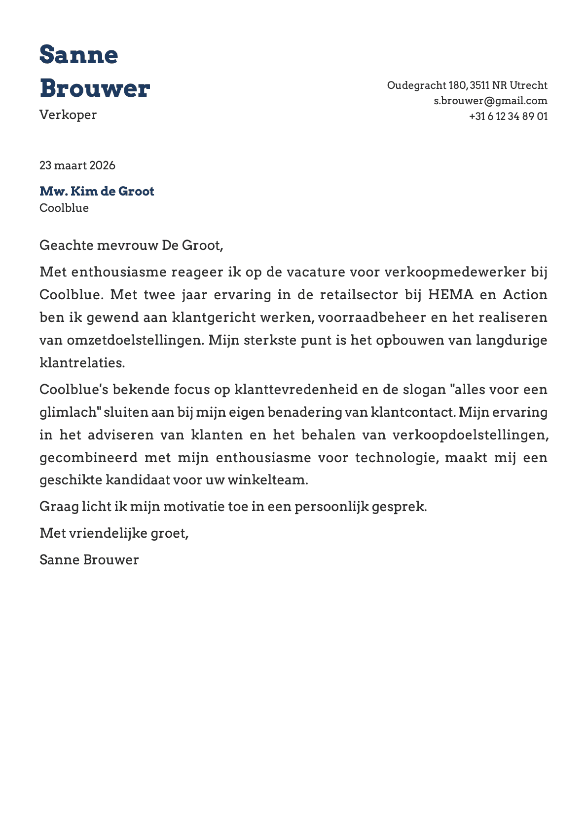 Verkoper cover letter example