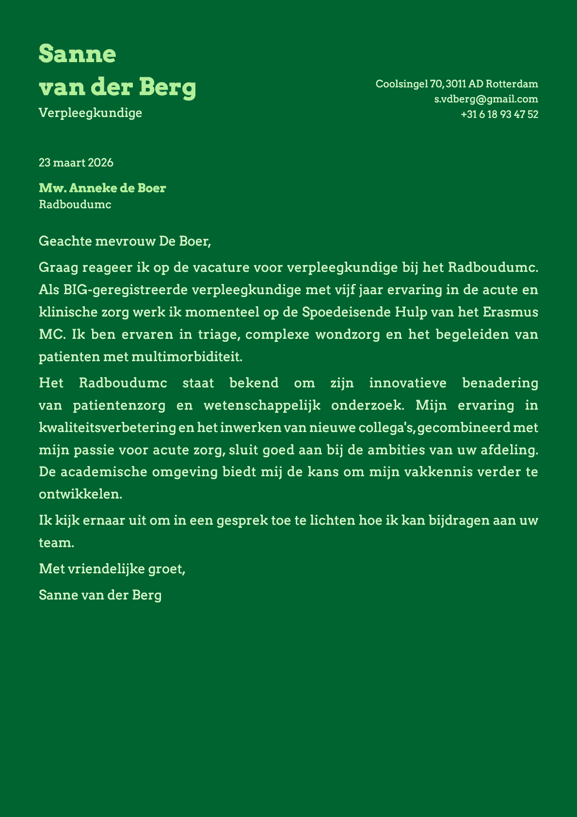 Verpleegkundige cover letter example