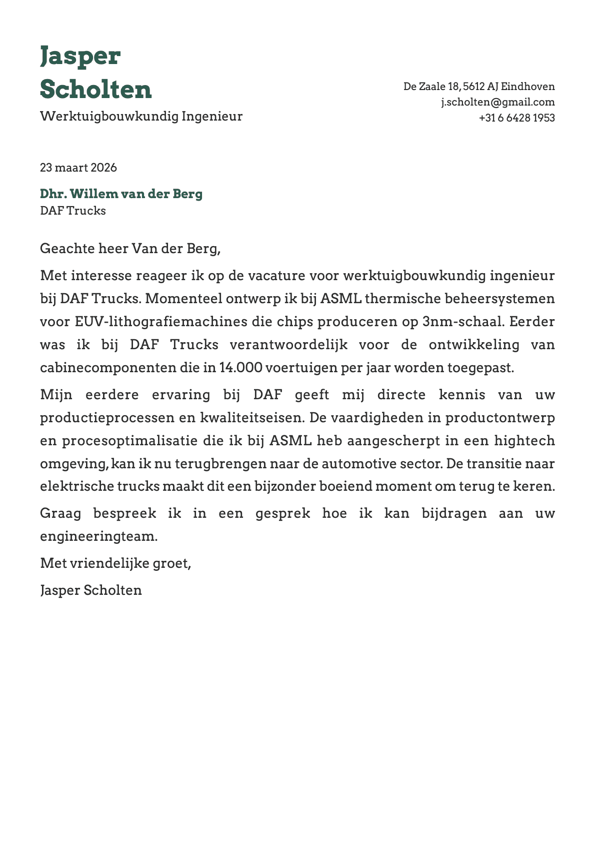 Werktuigbouwkundig Ingenieur cover letter example