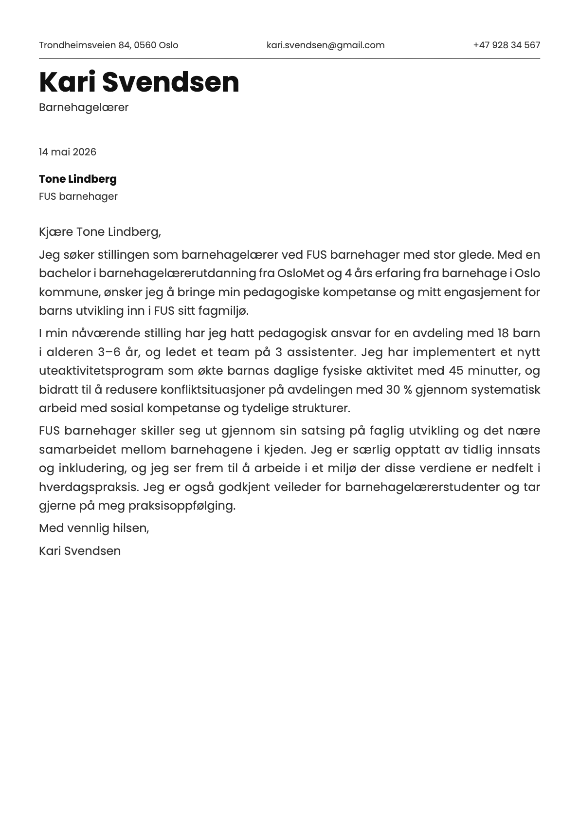 Barnehagelærer cover letter example