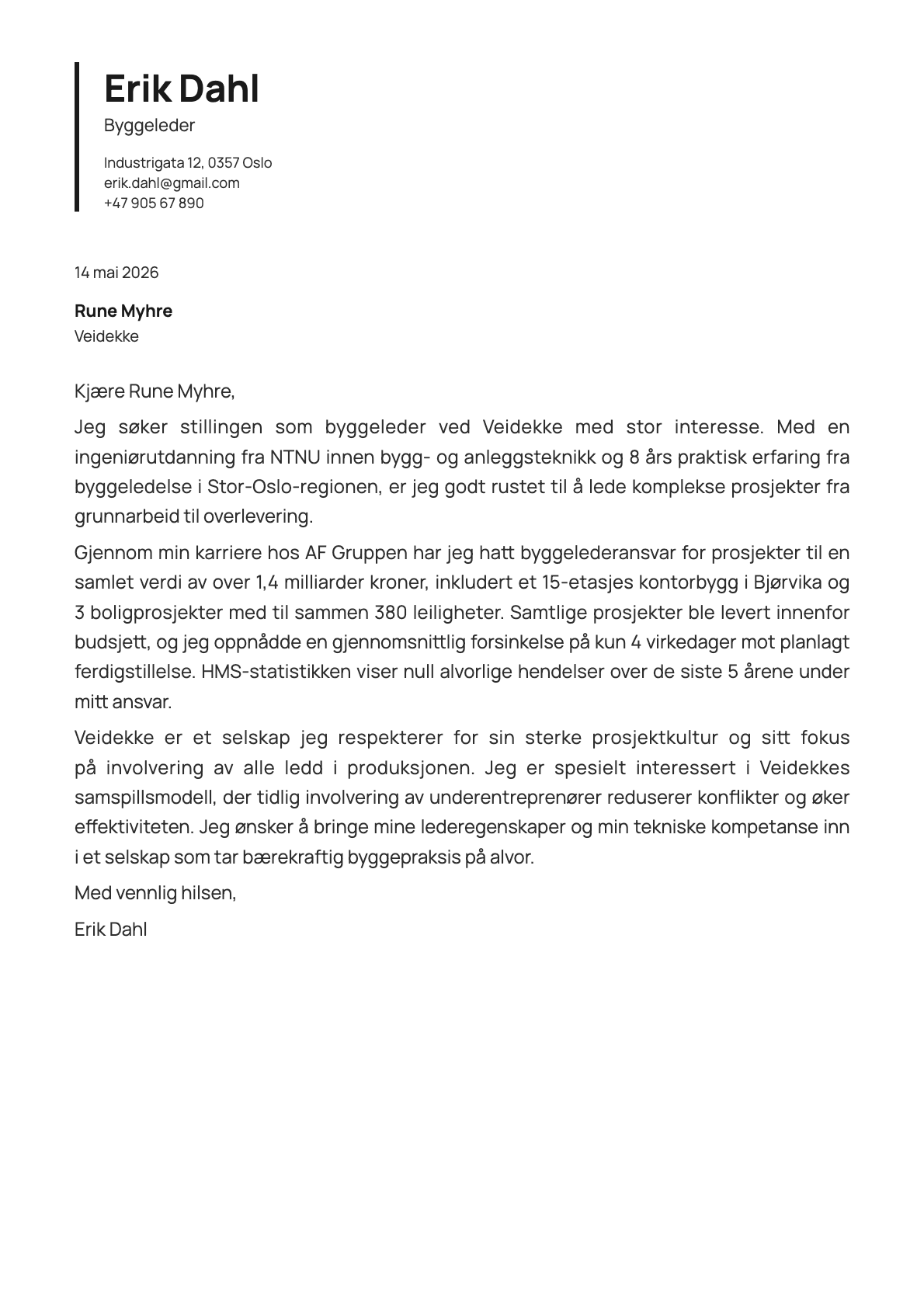 Byggeleder cover letter example