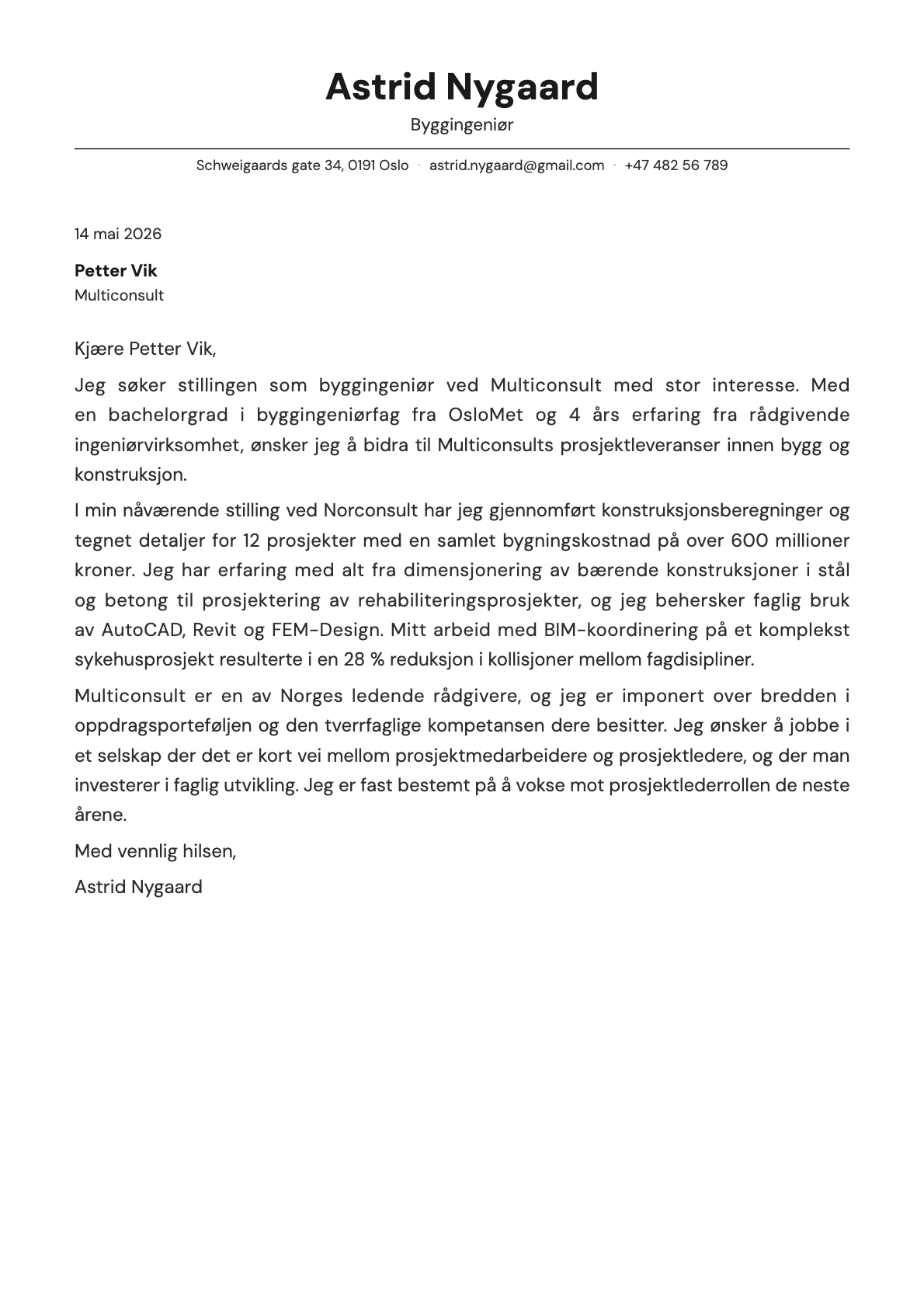 Byggingeniør cover letter example