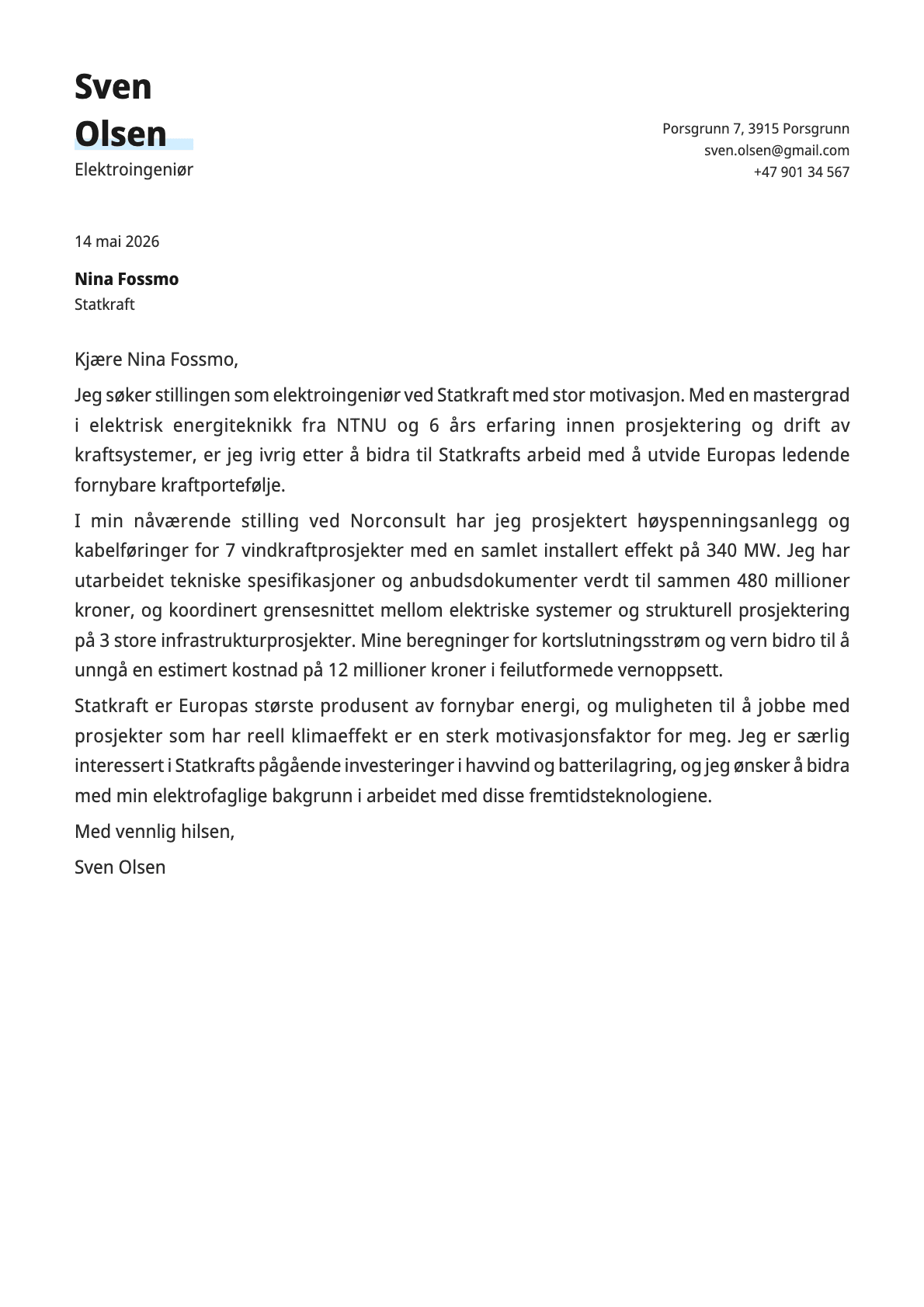 Elektroingeniør cover letter example