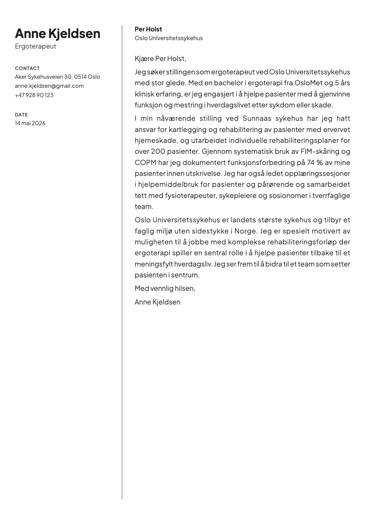 Ergoterapeut cover letter example