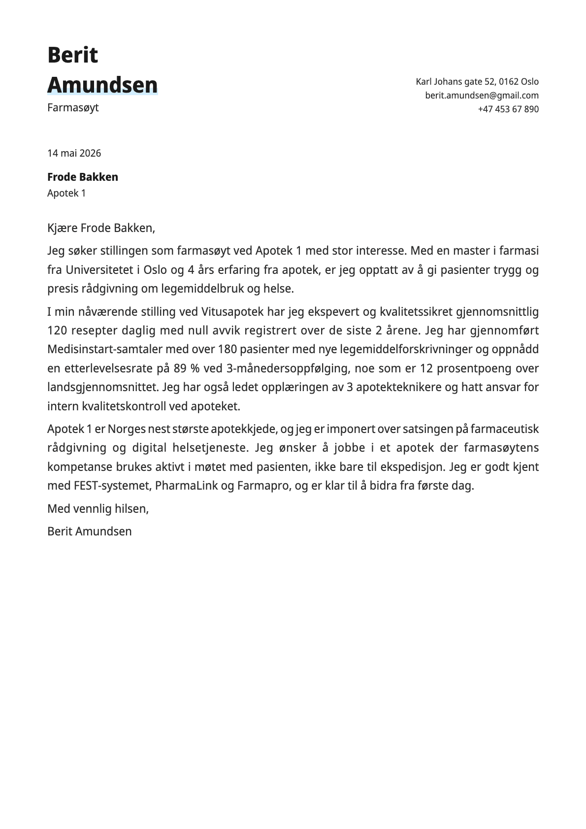 Farmasøyt cover letter example