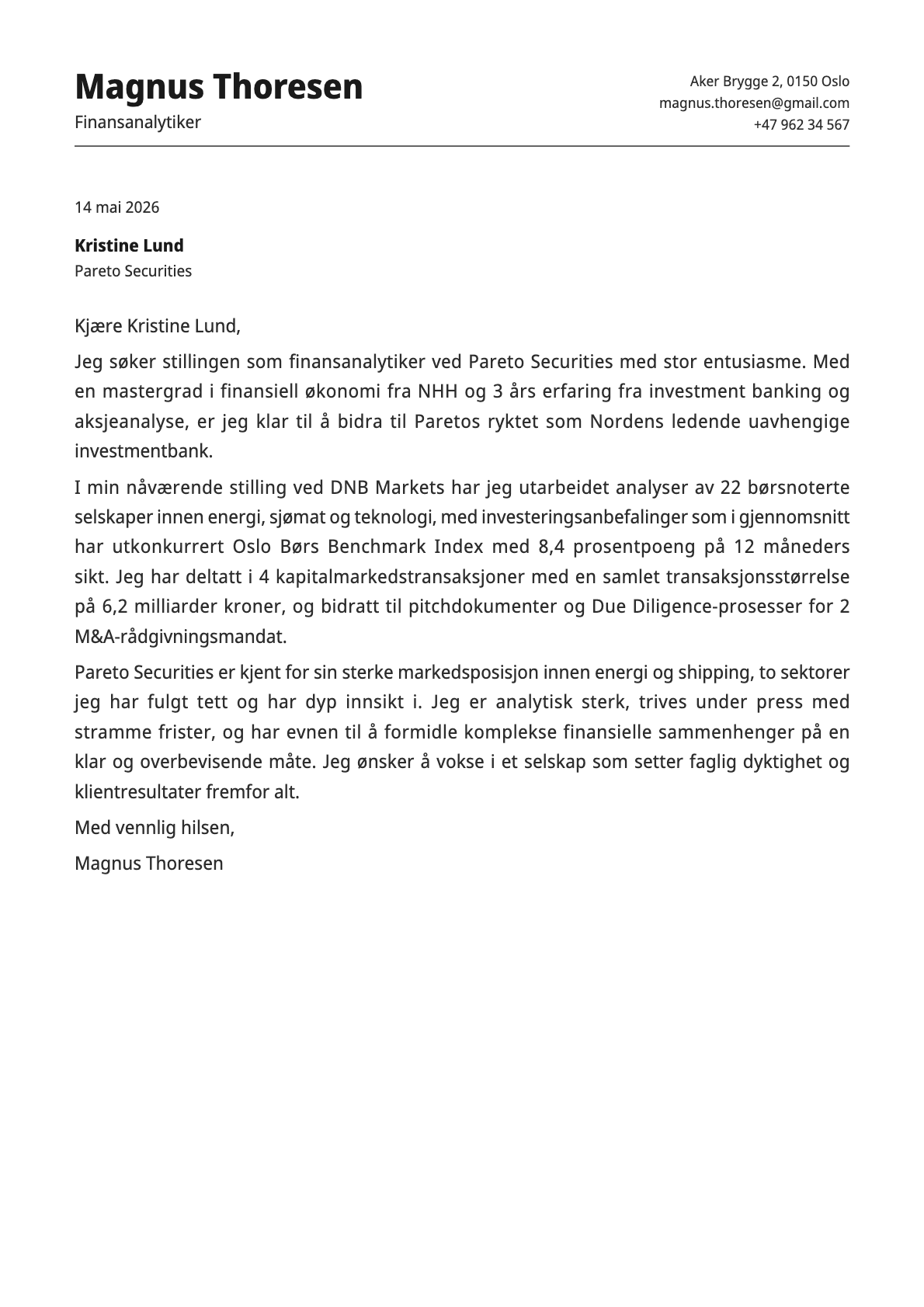 Finansanalytiker cover letter example