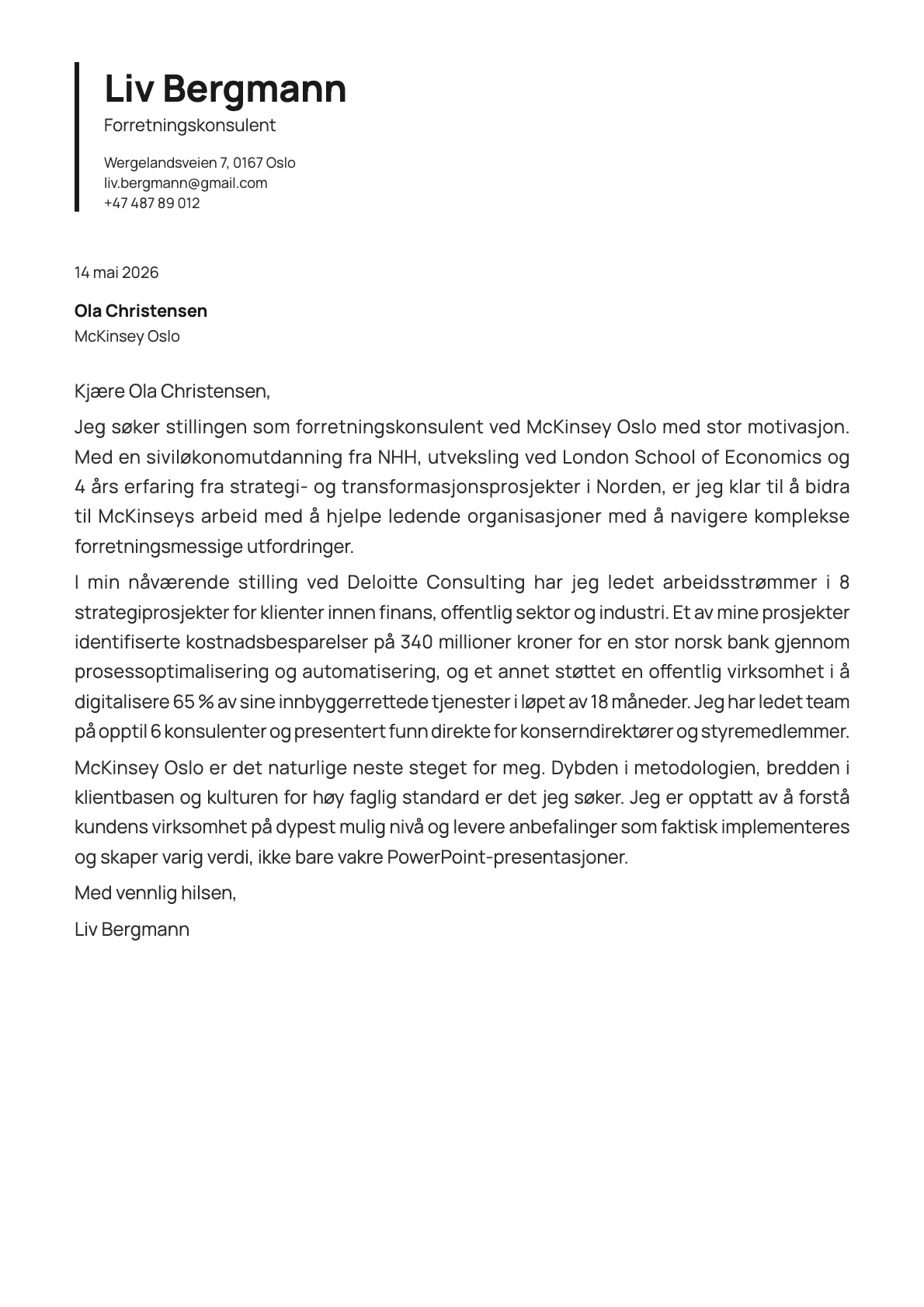 Forretningskonsulent cover letter example