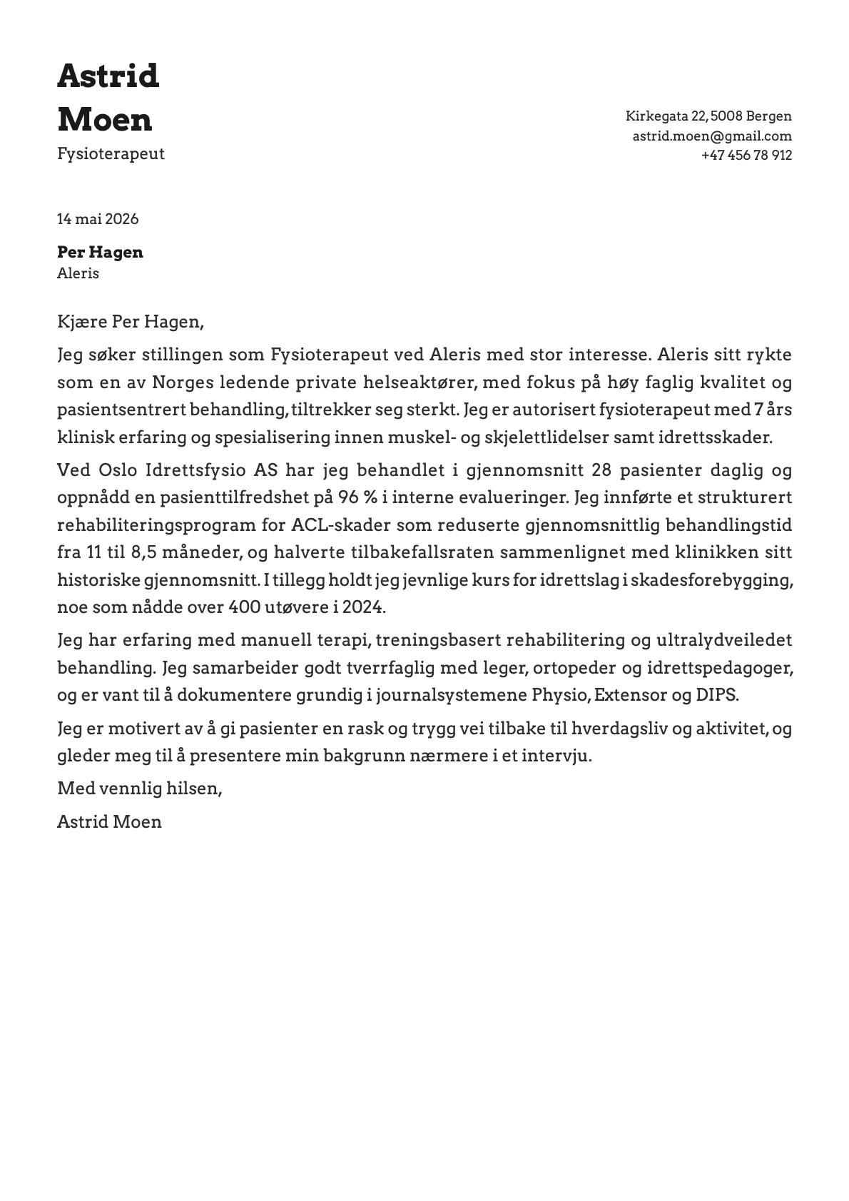 Fysioterapeut cover letter example