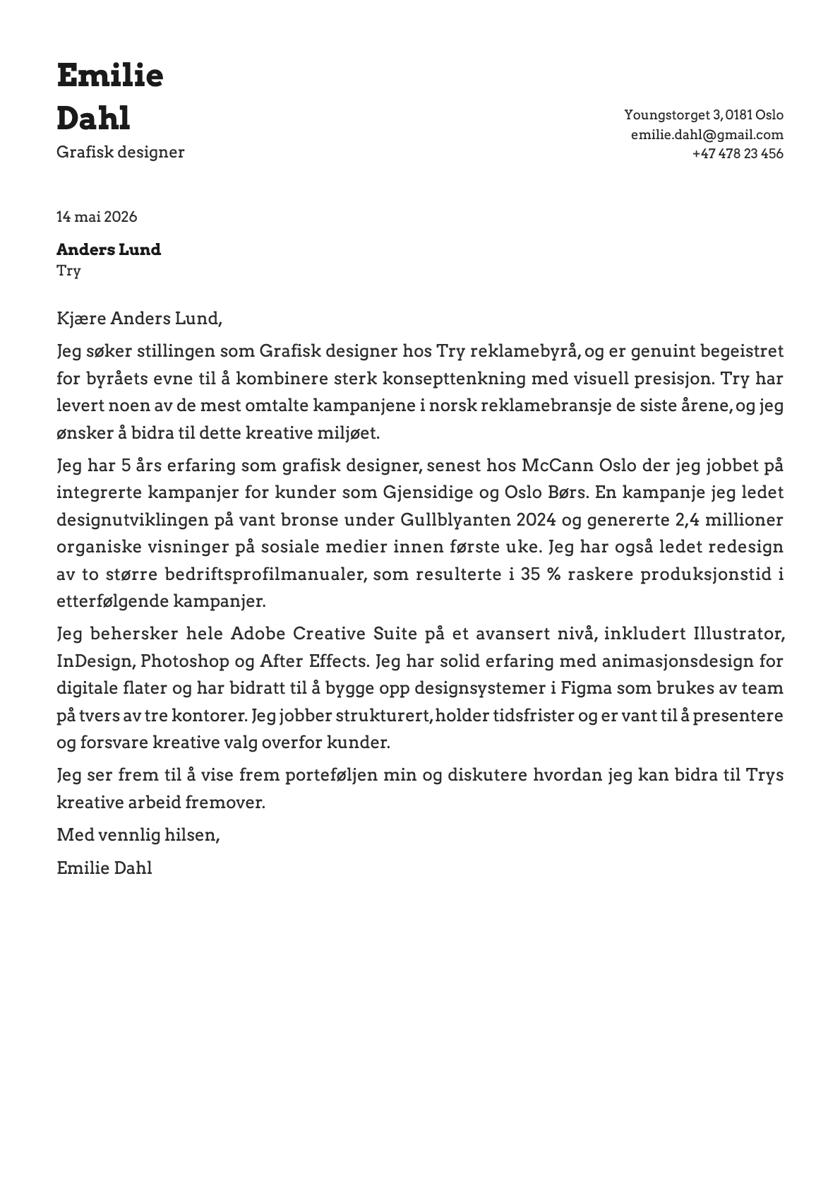 Grafisk designer cover letter example
