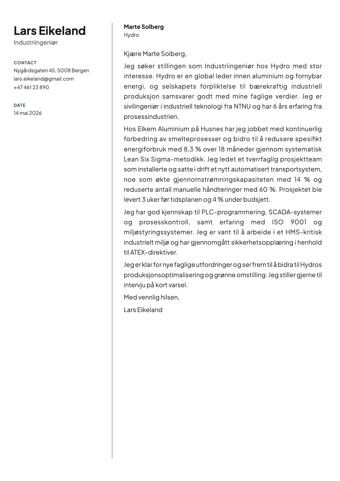 Industriingeniør cover letter example