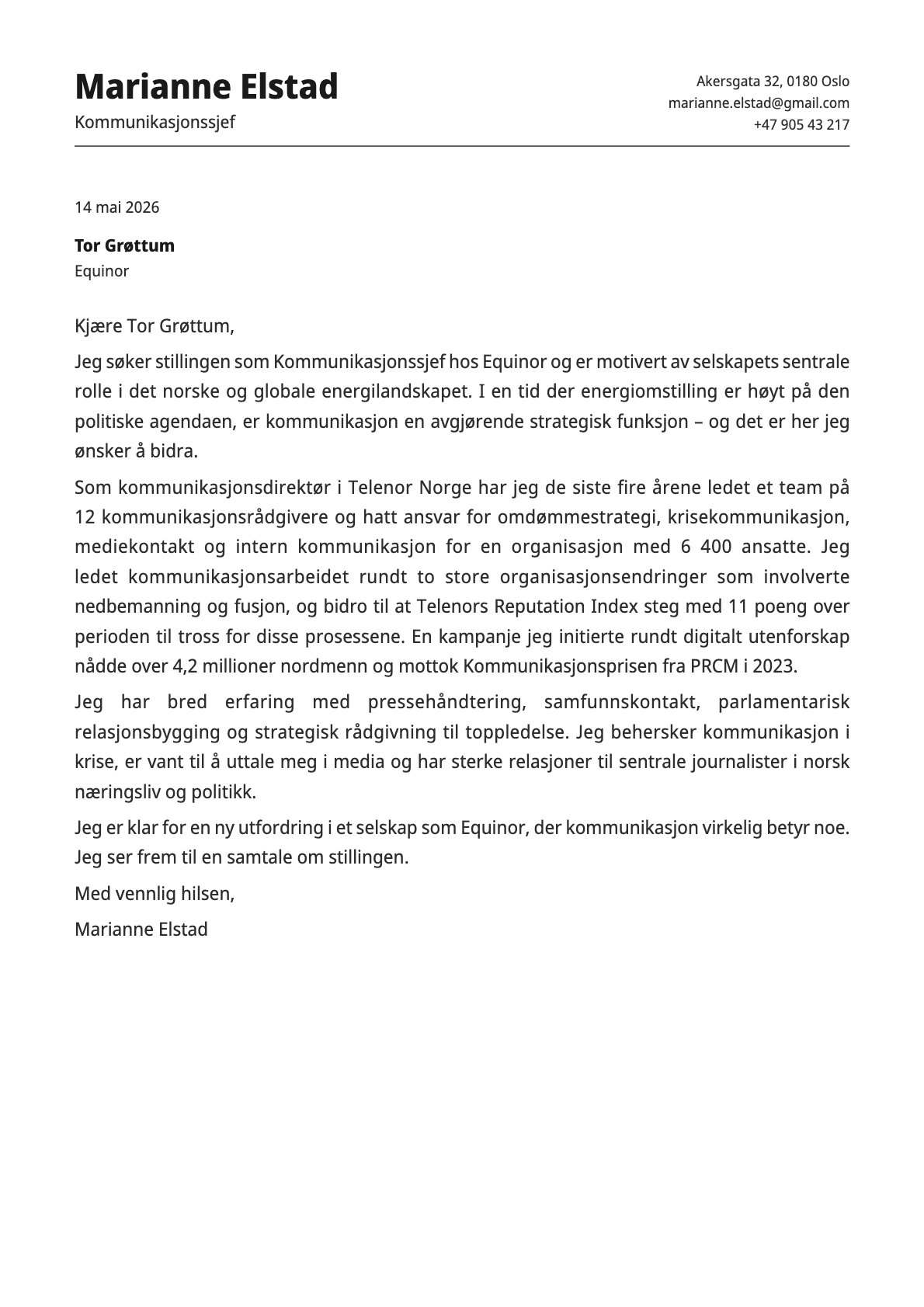 Kommunikasjonssjef cover letter example