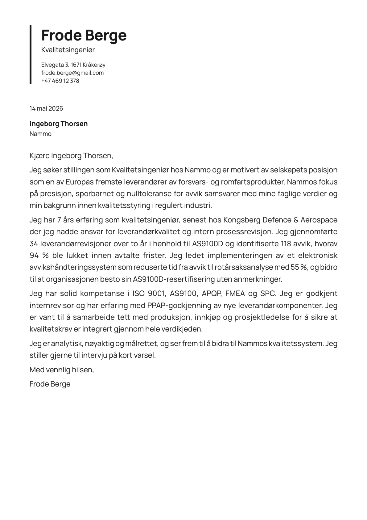 Kvalitetsingeniør cover letter example