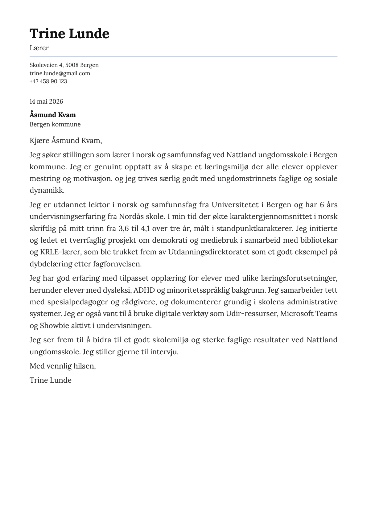 Lærer cover letter example