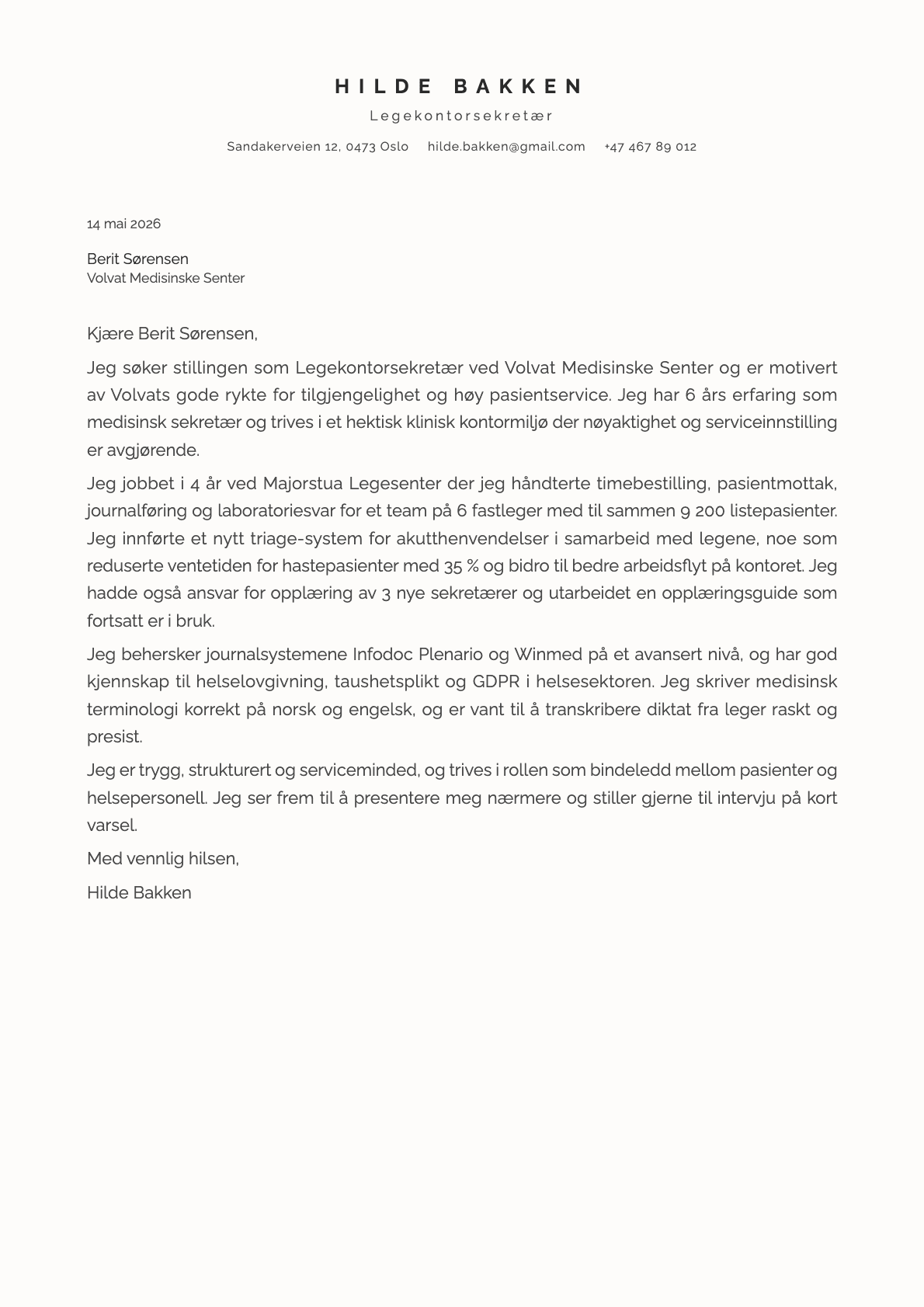 Legekontorsekretær cover letter example