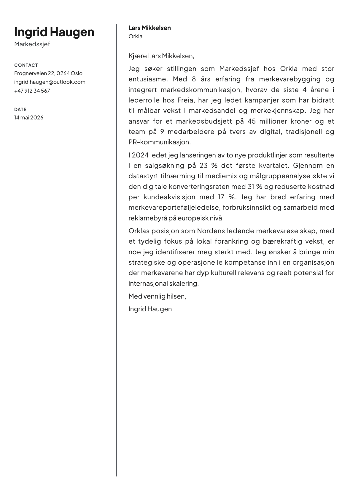 Markedssjef cover letter example