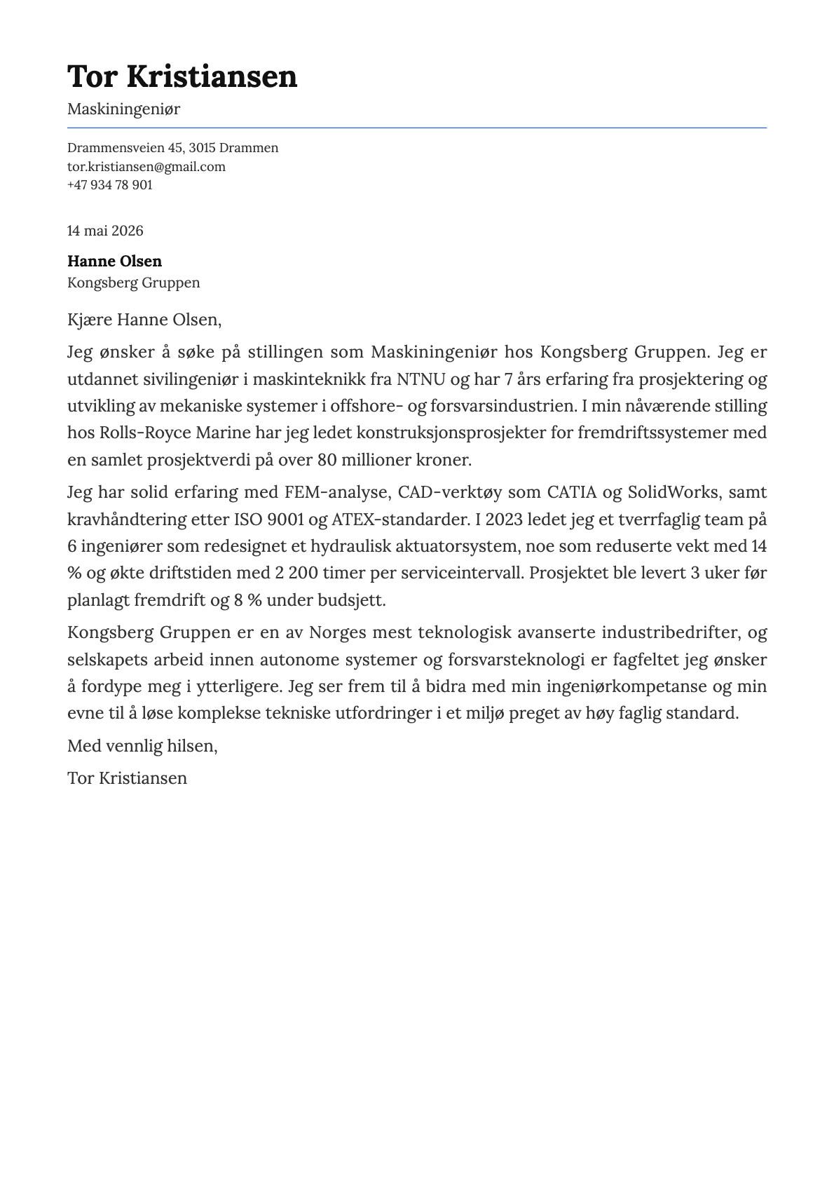Maskiningeniør cover letter example