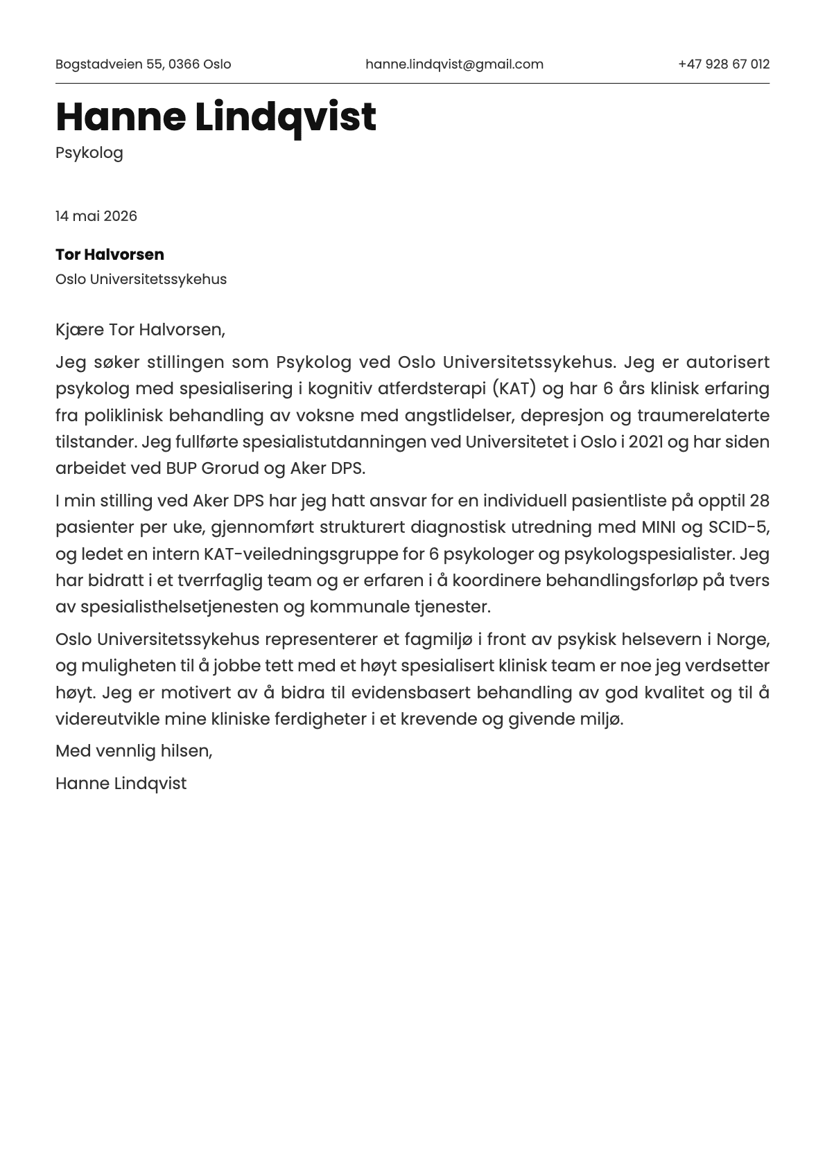 Psykolog cover letter example