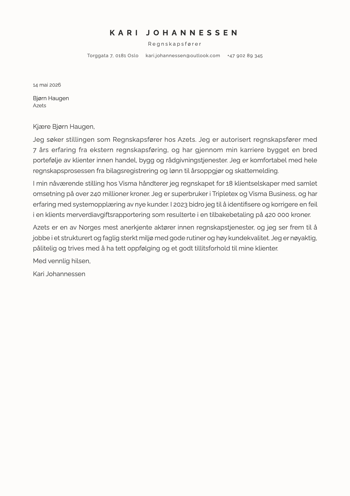 Regnskapsfører cover letter example