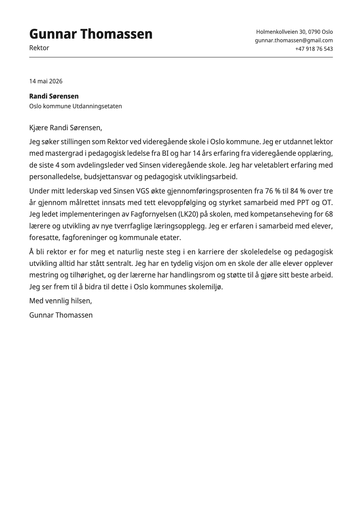 Rektor cover letter example