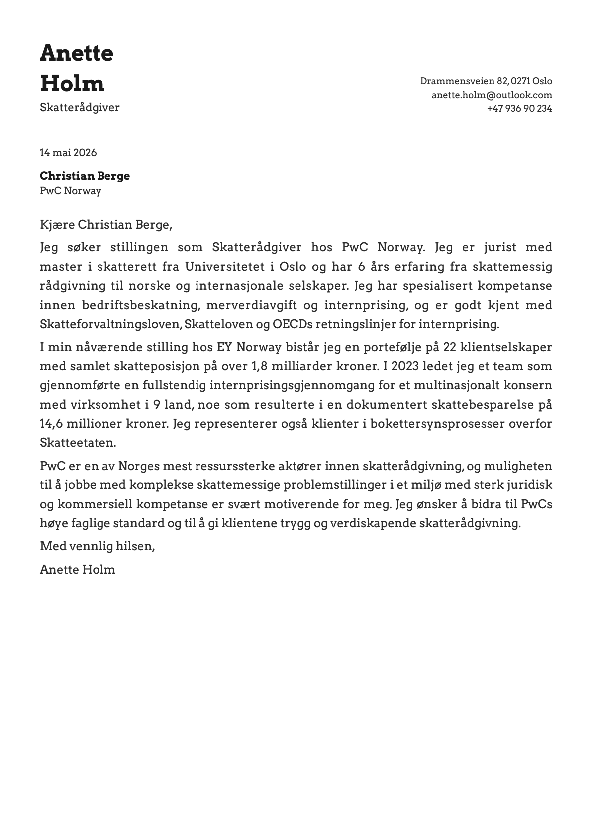 Skatterådgiver cover letter example