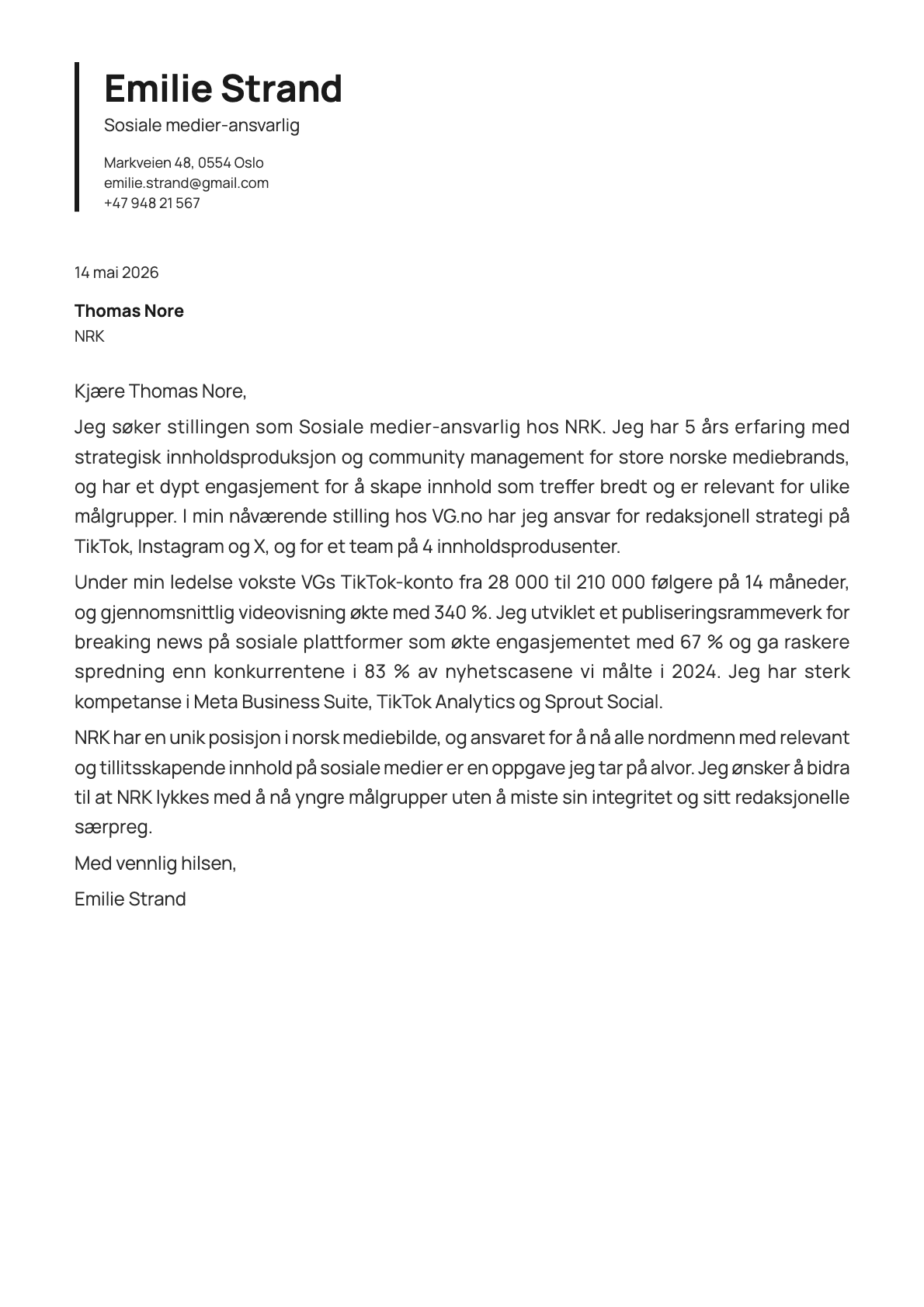Sosiale medier-ansvarlig cover letter example