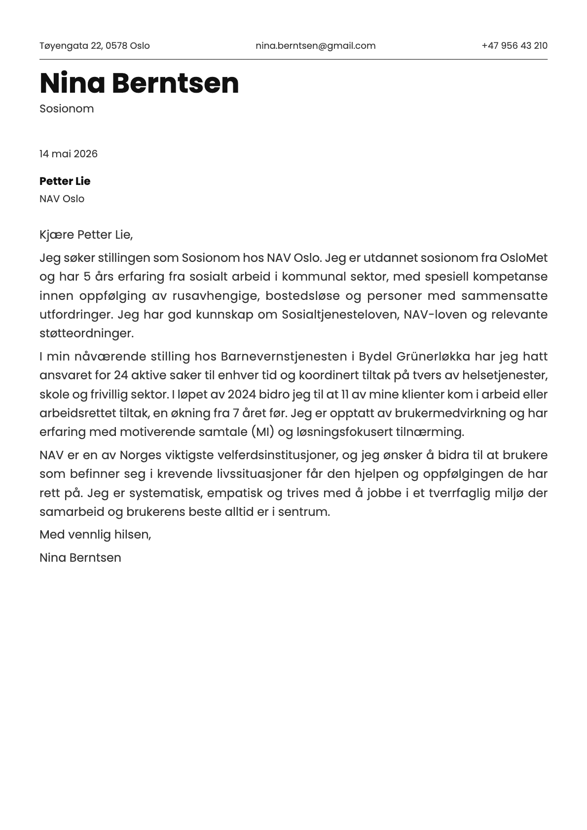 Sosionom cover letter example