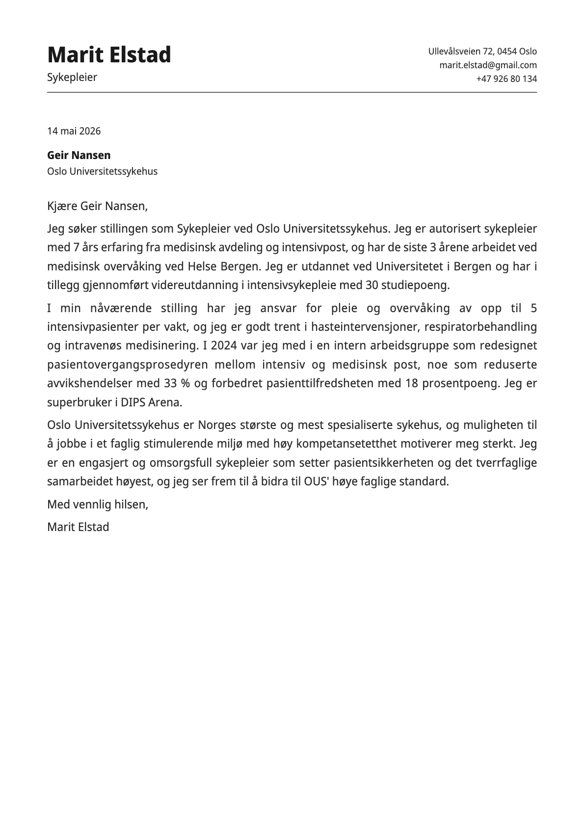 Sykepleier cover letter example