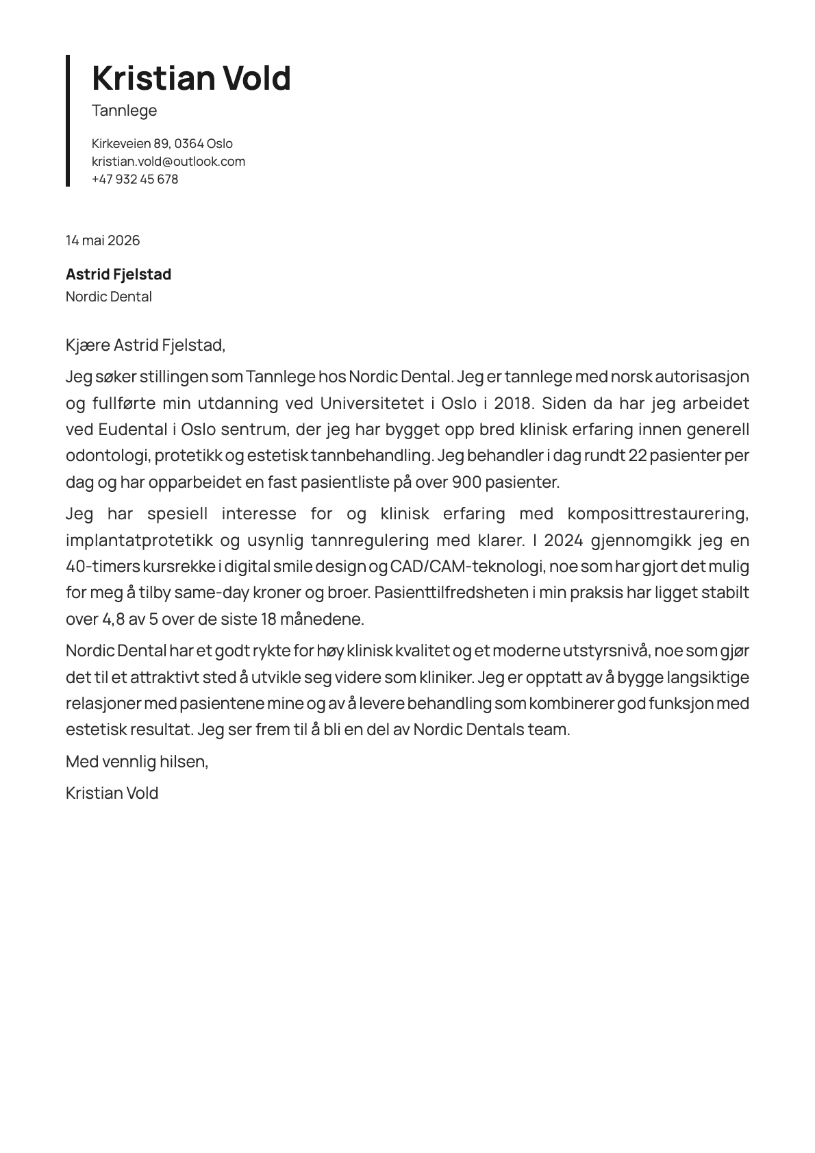 Tannlege cover letter example