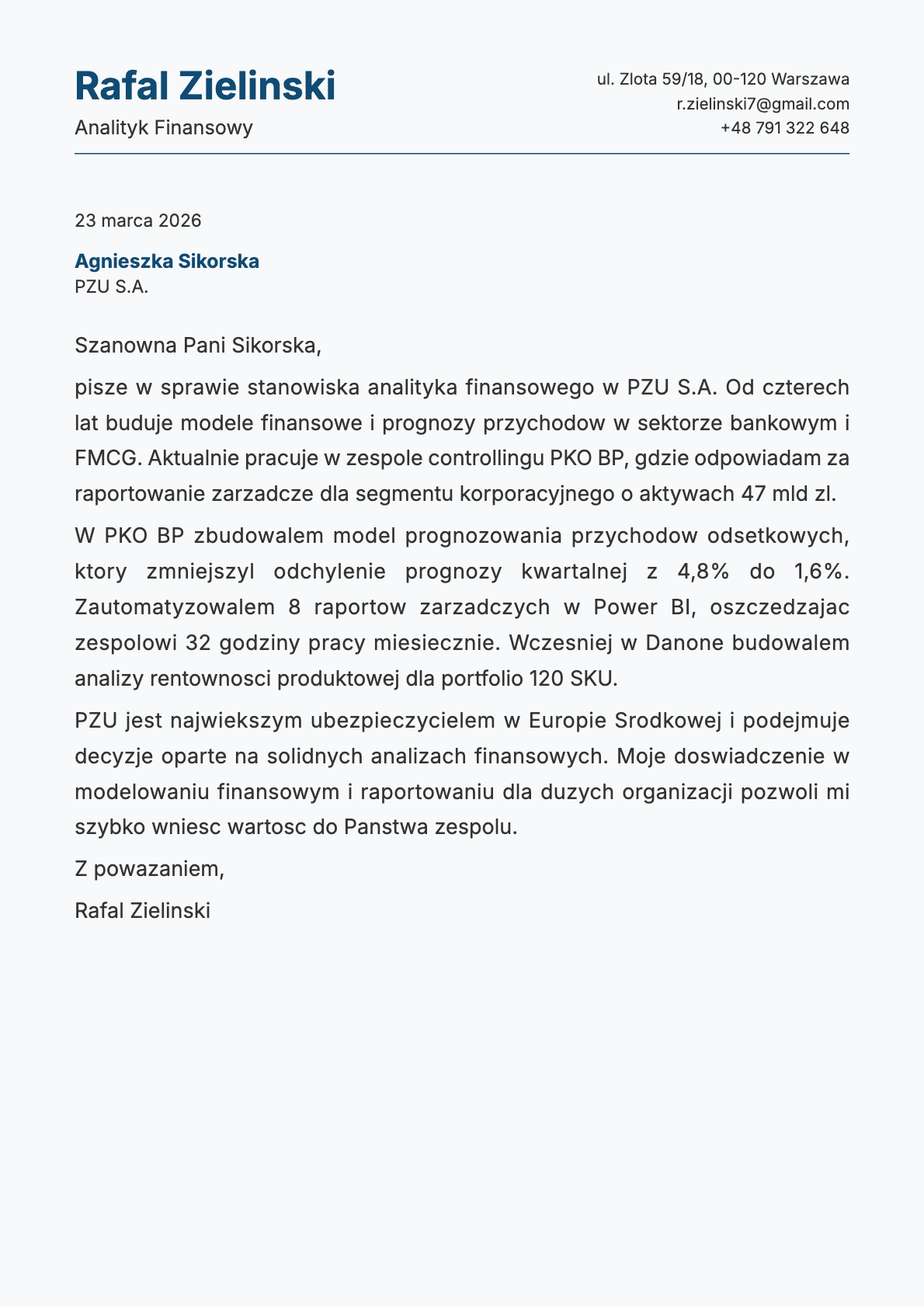 Analityk Finansowy cover letter example