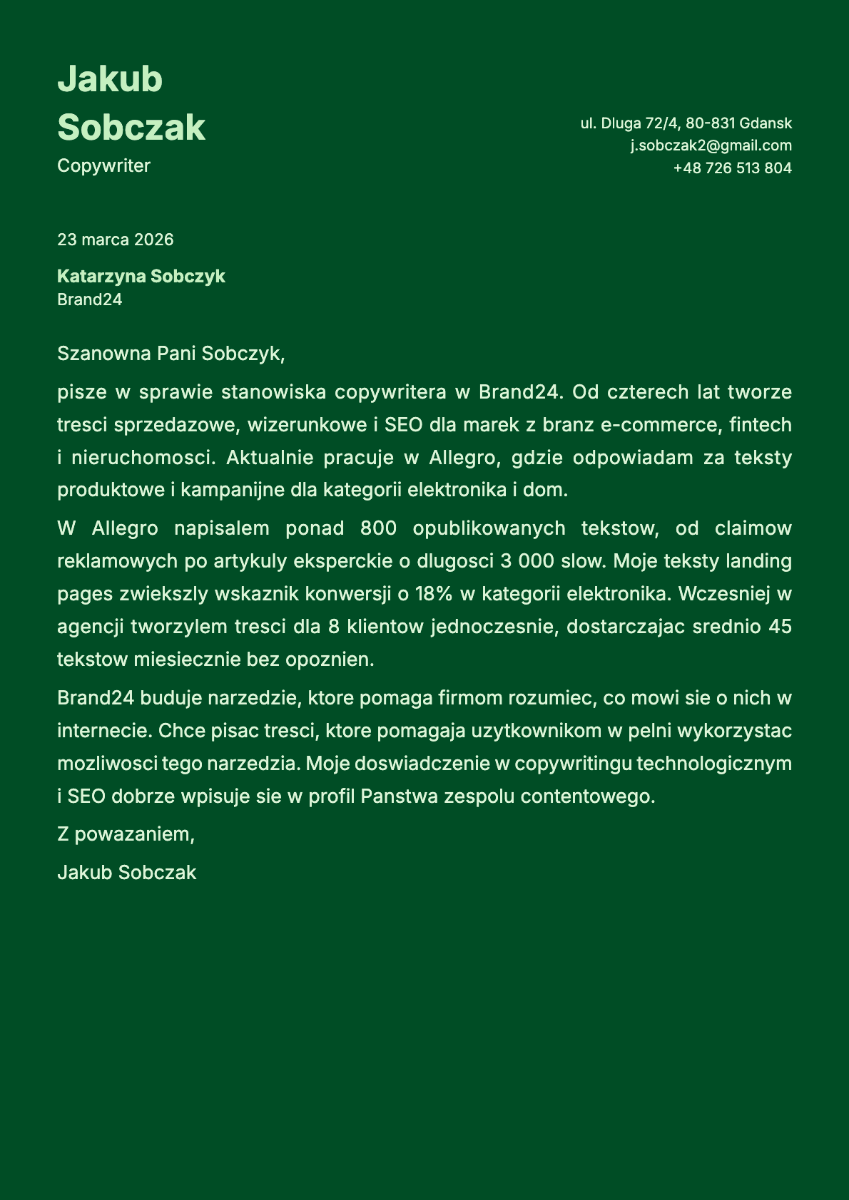 Copywriter cover letter example