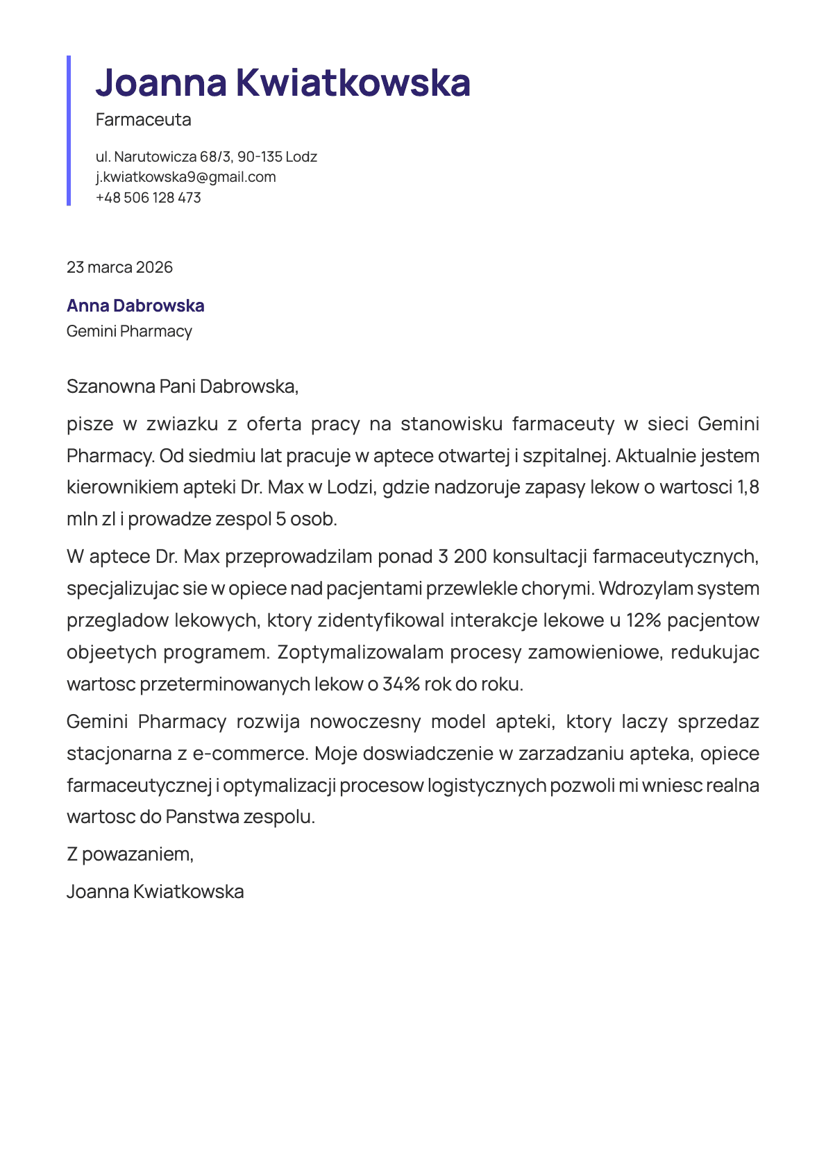 Farmaceuta cover letter example