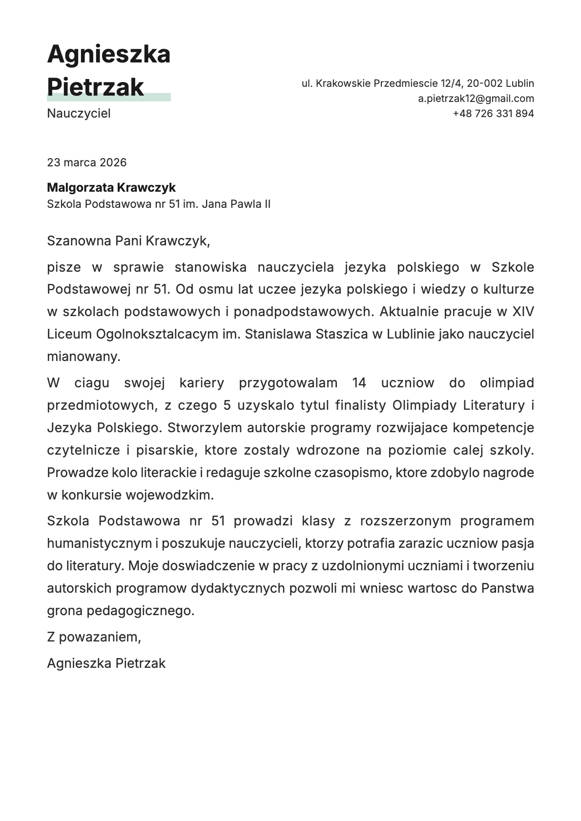 Nauczyciel cover letter example