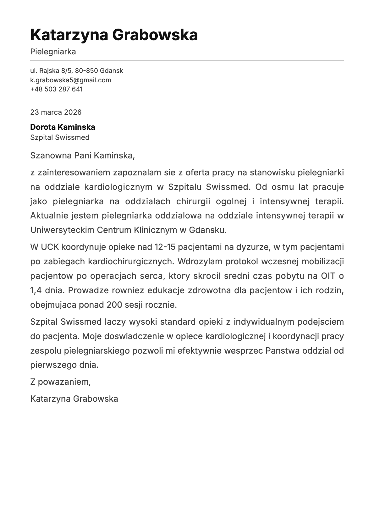 Pielegniarka cover letter example