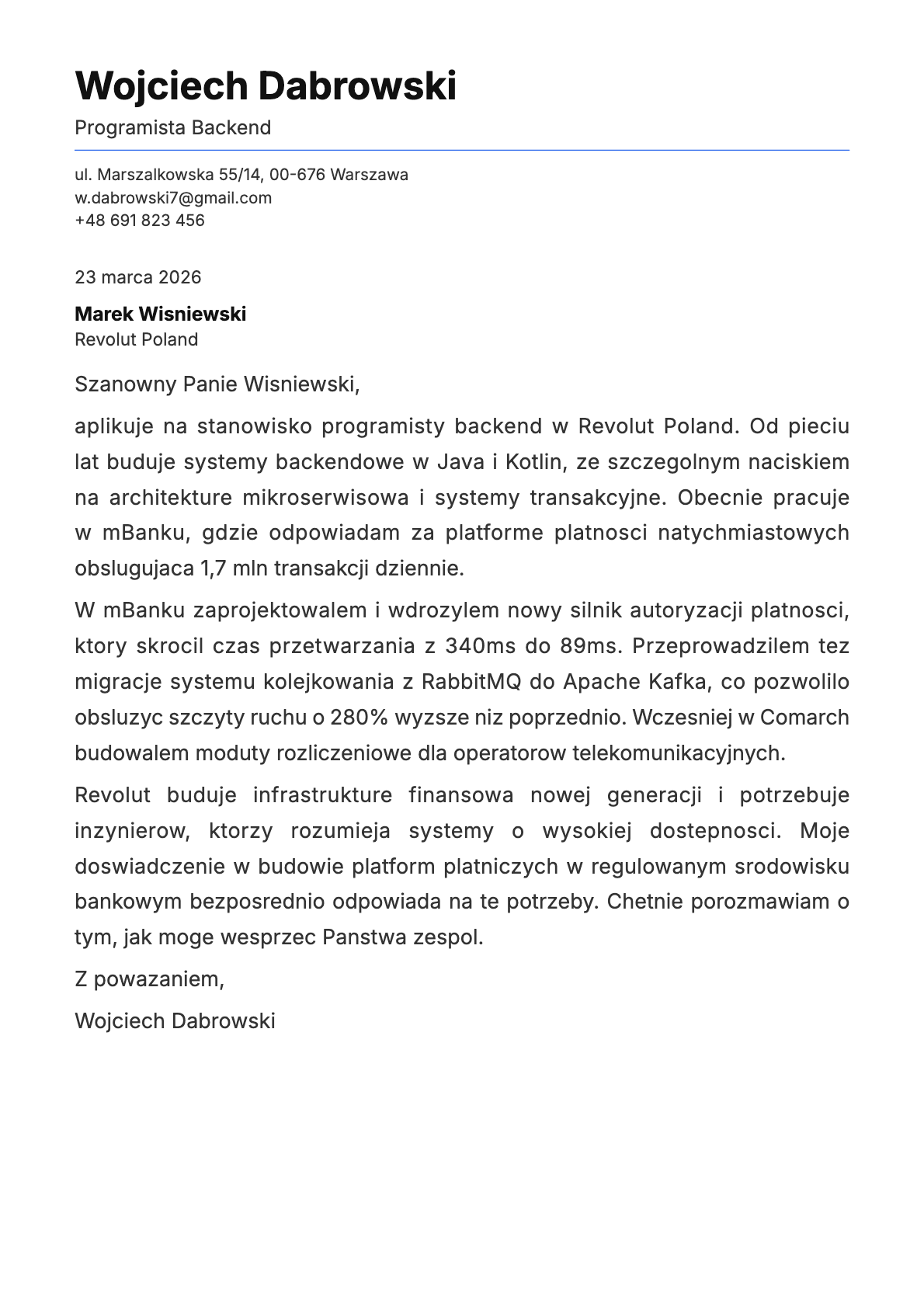 Programista Backend cover letter example