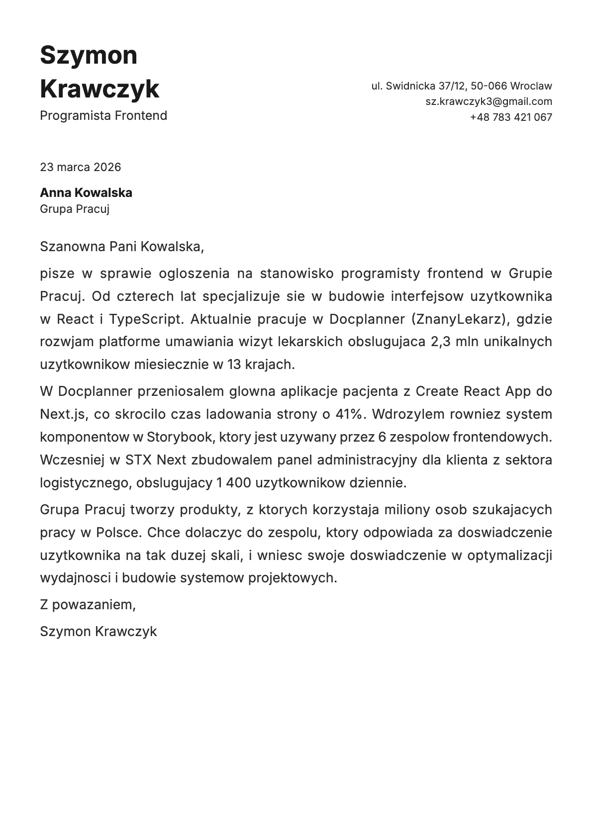 Programista Frontend cover letter example