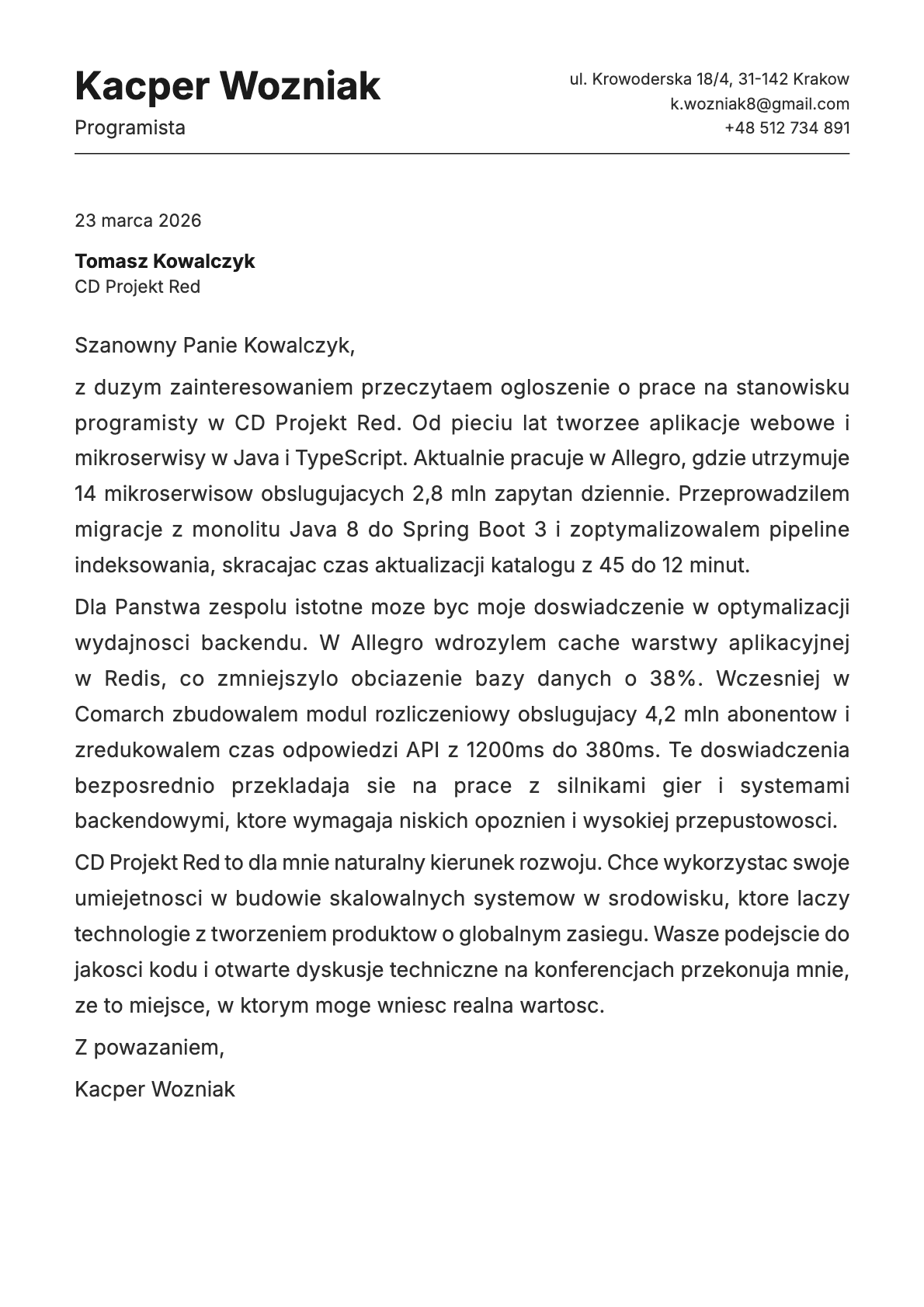 Programista cover letter example