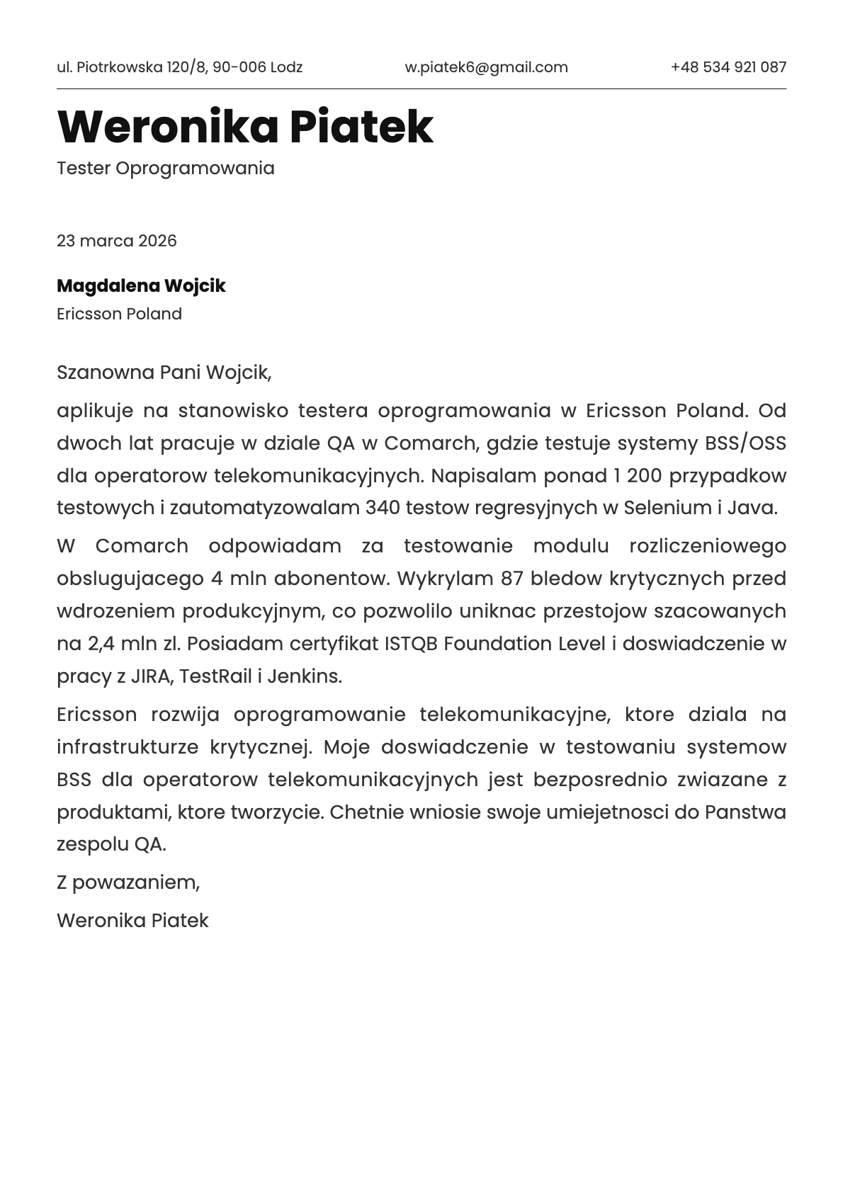 Tester Oprogramowania cover letter example