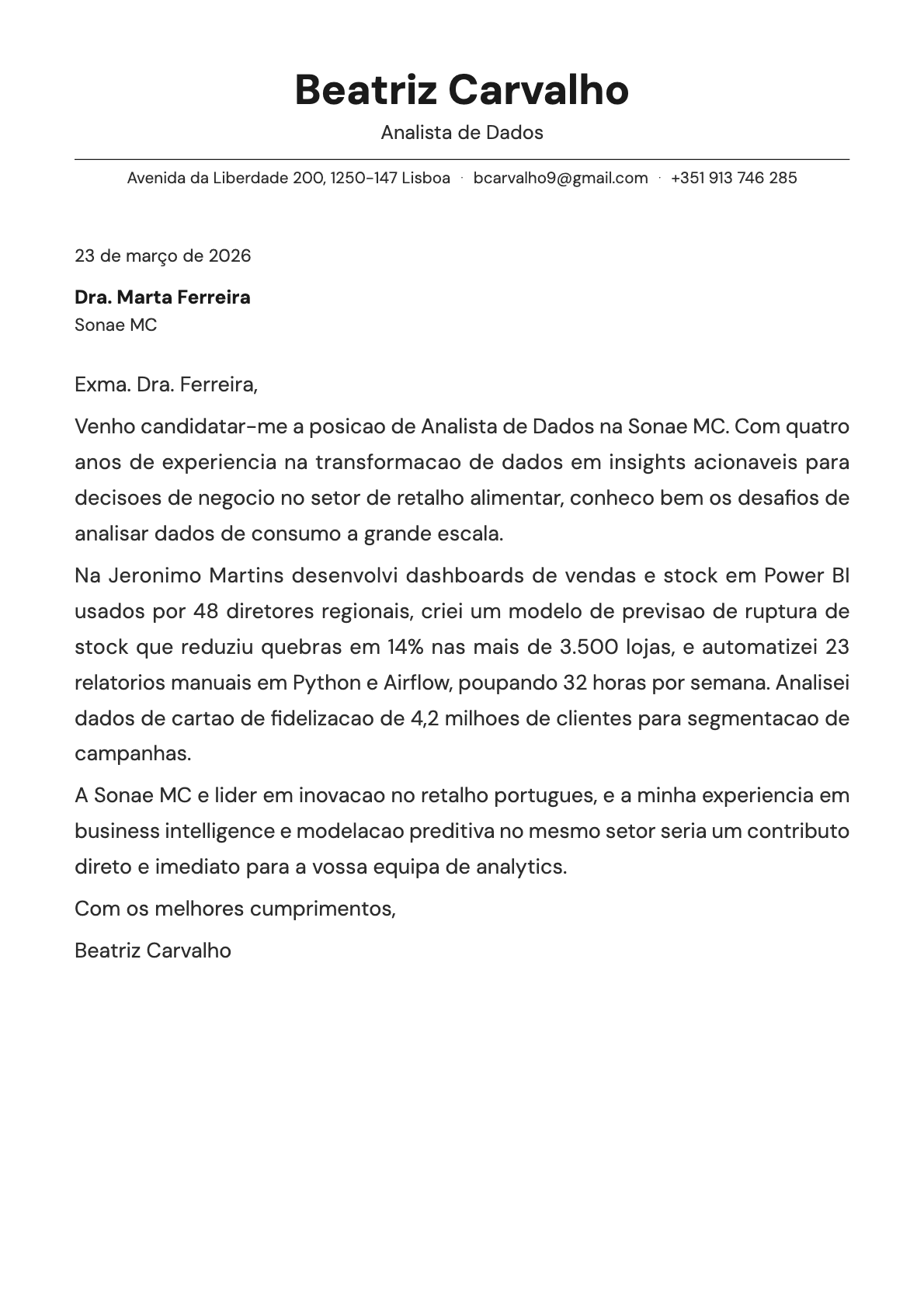 Analista de Dados cover letter example
