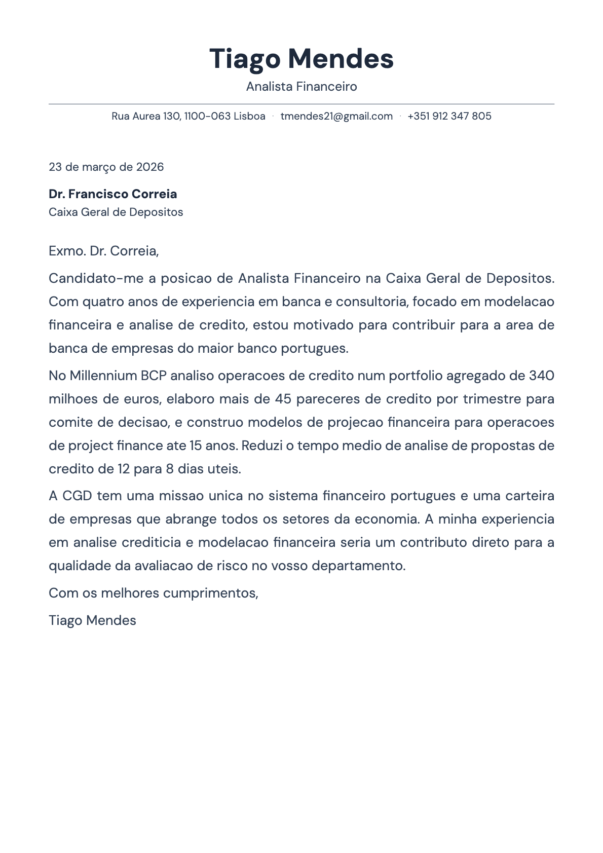 Analista Financeiro cover letter example