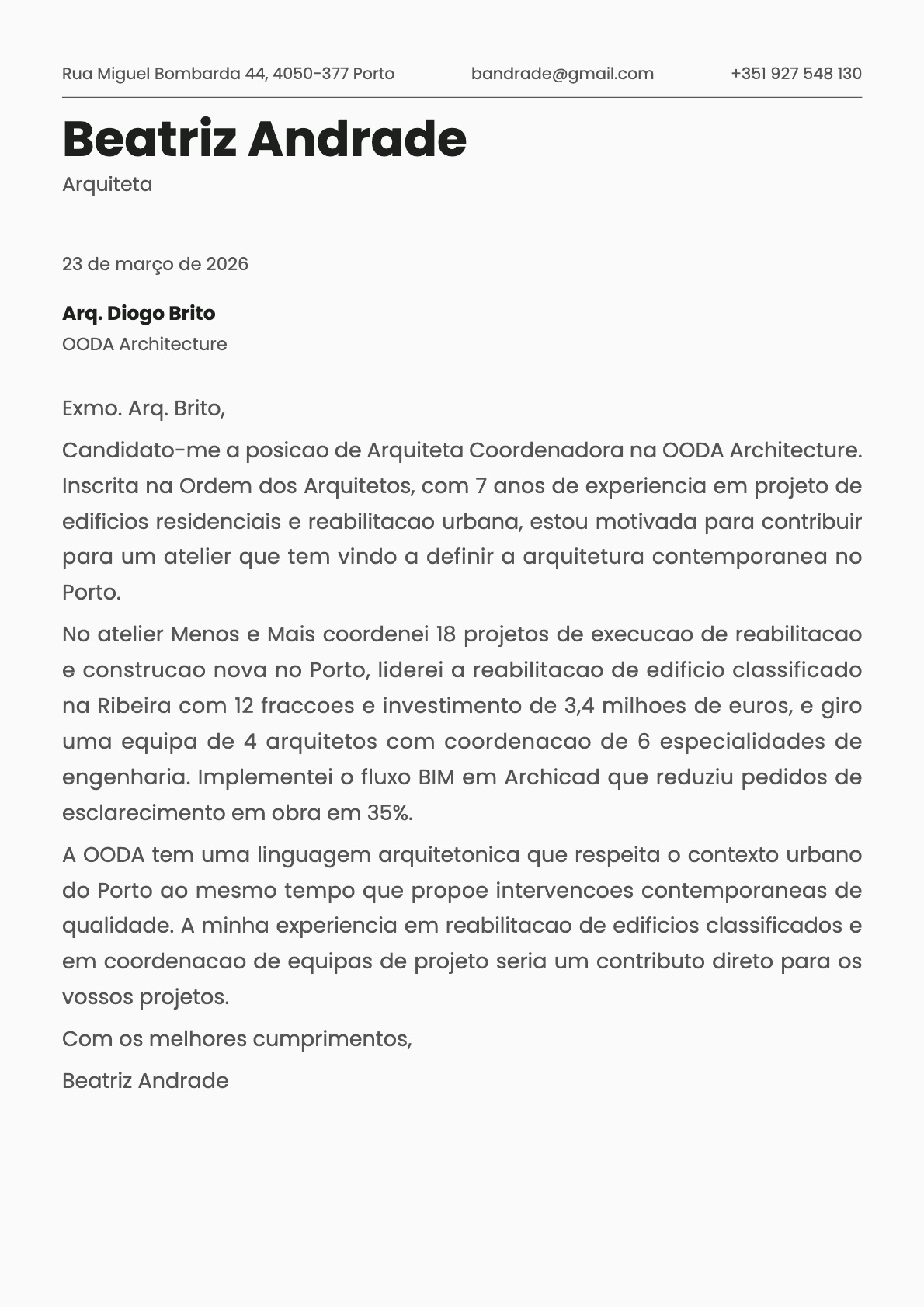 Arquiteto cover letter example