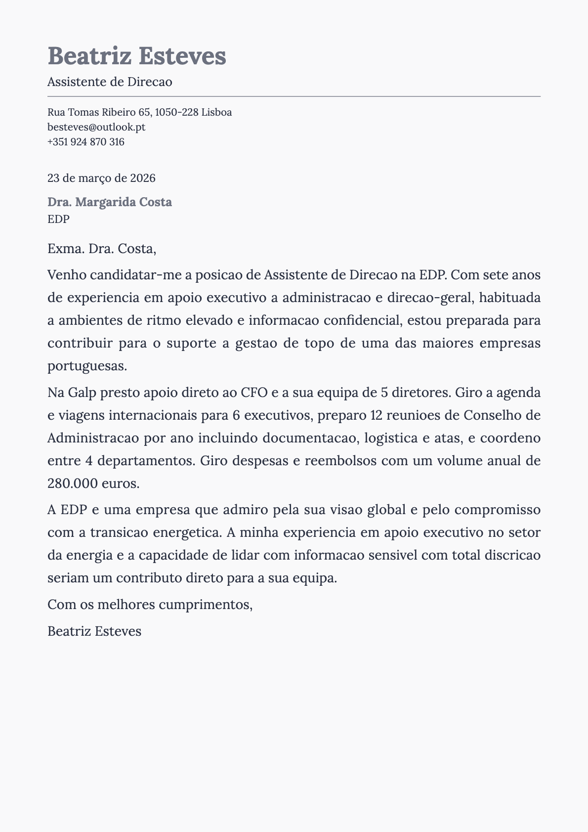 Assistente de Direção cover letter example