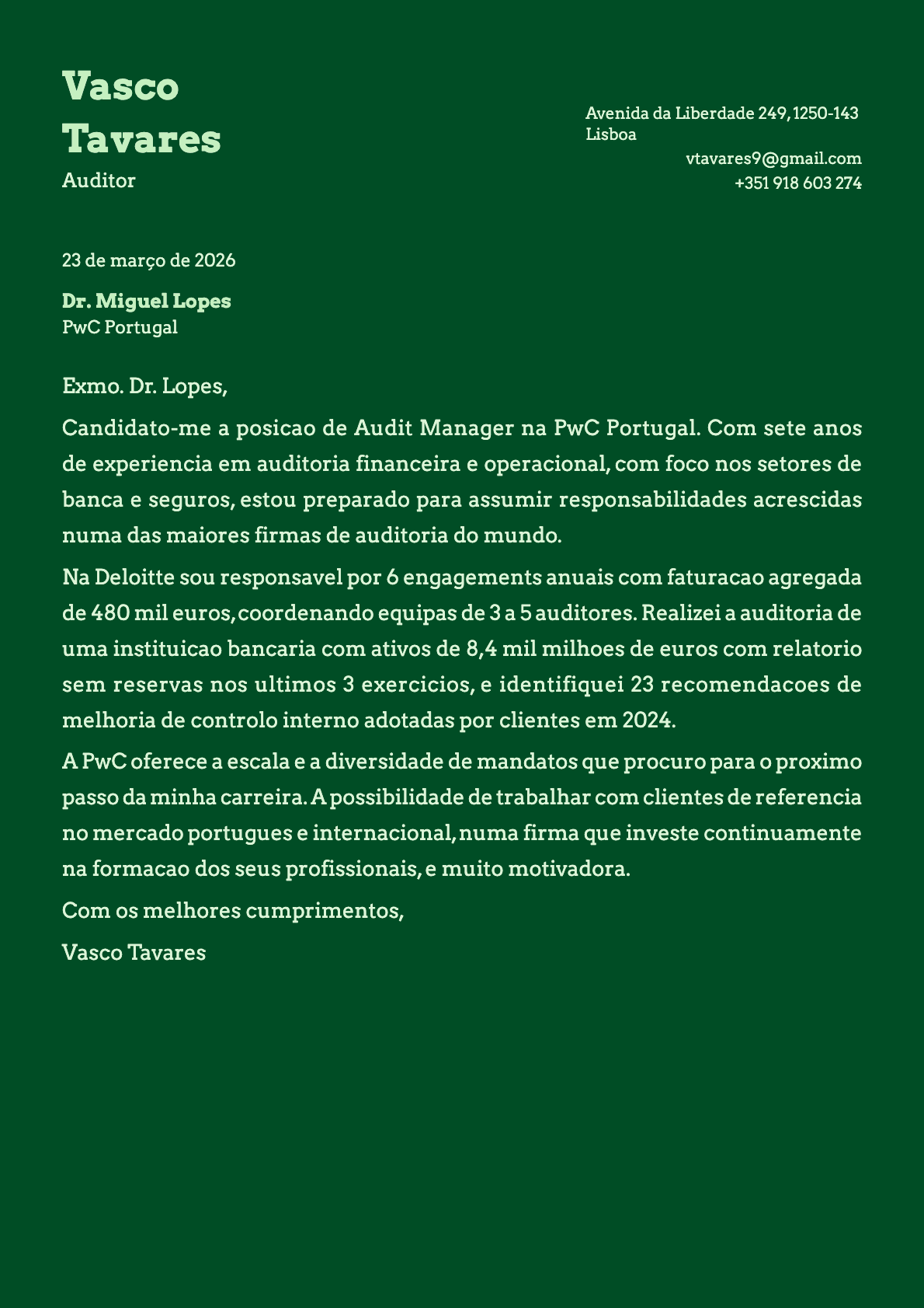 Auditor cover letter example