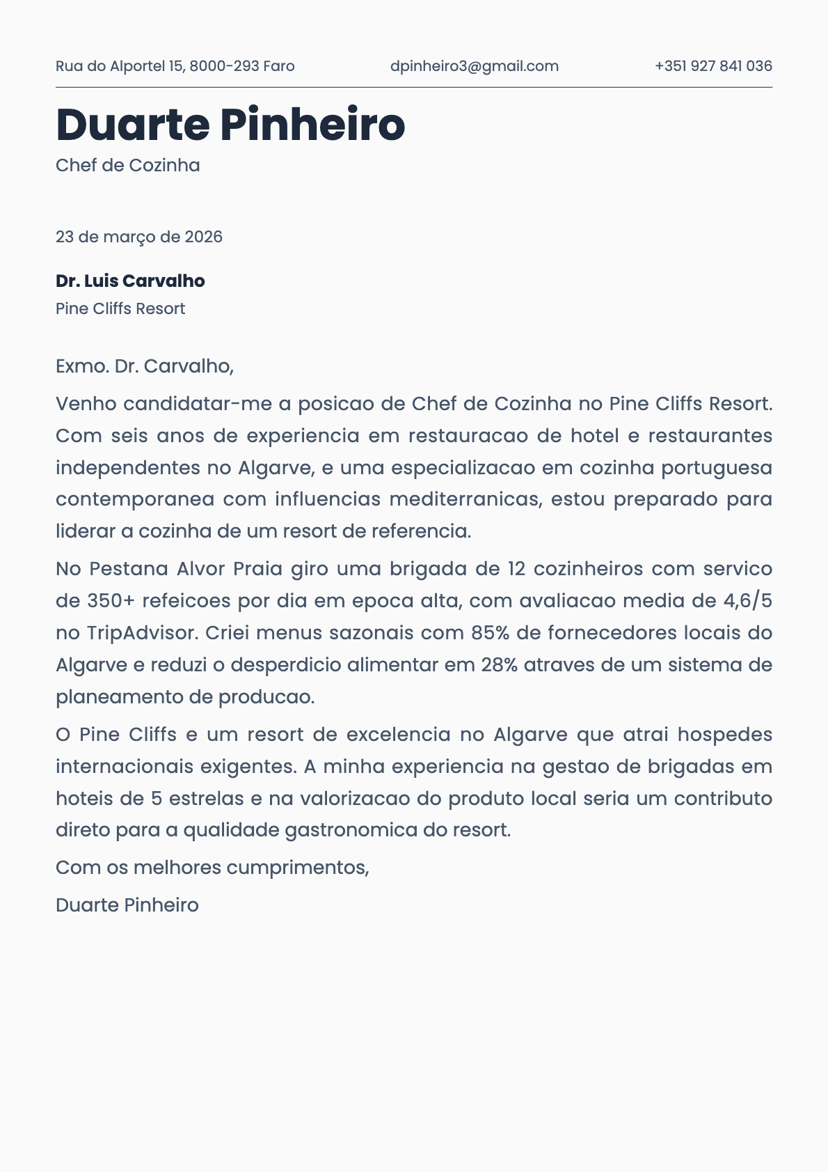 Chef de Cozinha cover letter example