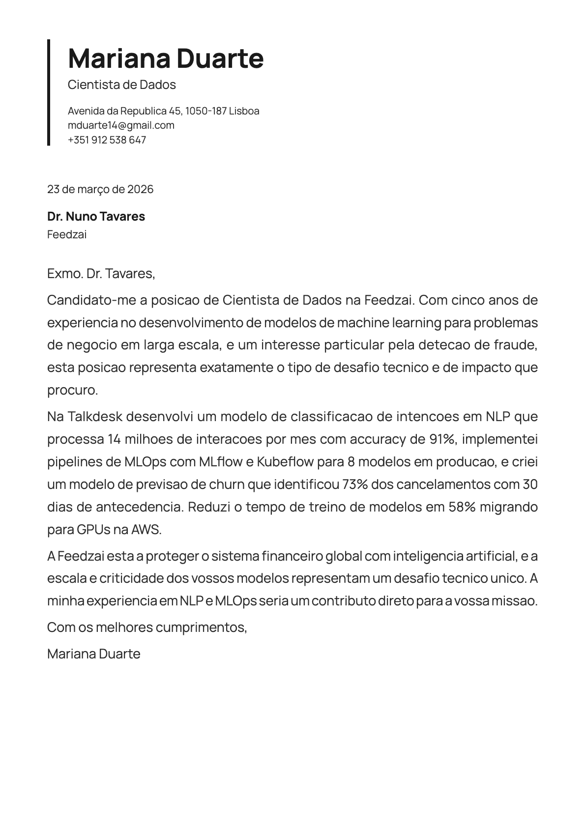 Cientista de Dados cover letter example