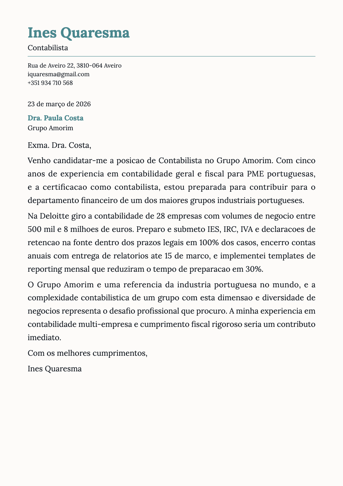 Contabilista cover letter example